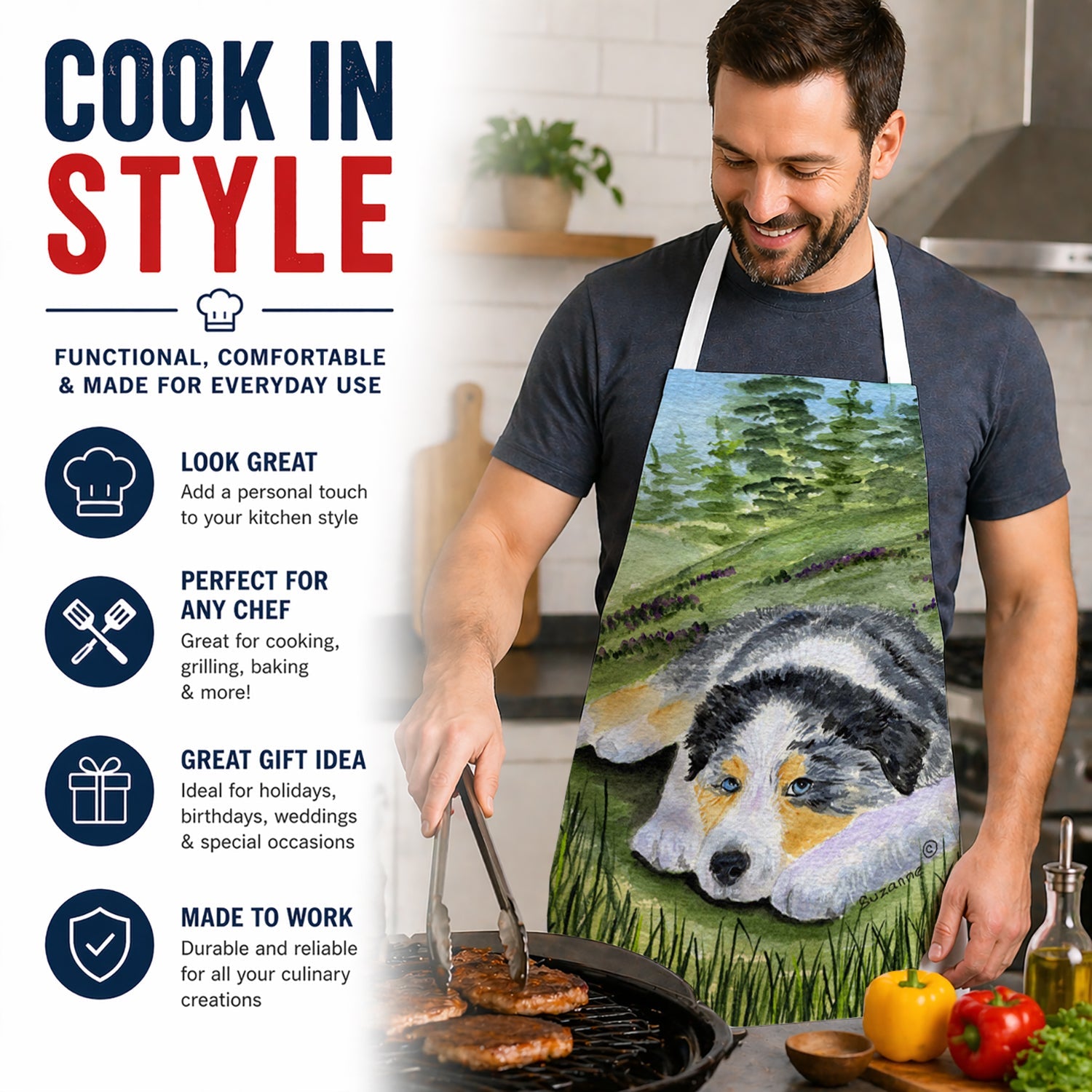 Australian Shepherd Apron Cooking Kitchen Server Baking Crafts Gardening for Adult Women Men, Unisex, Large, Multicolor