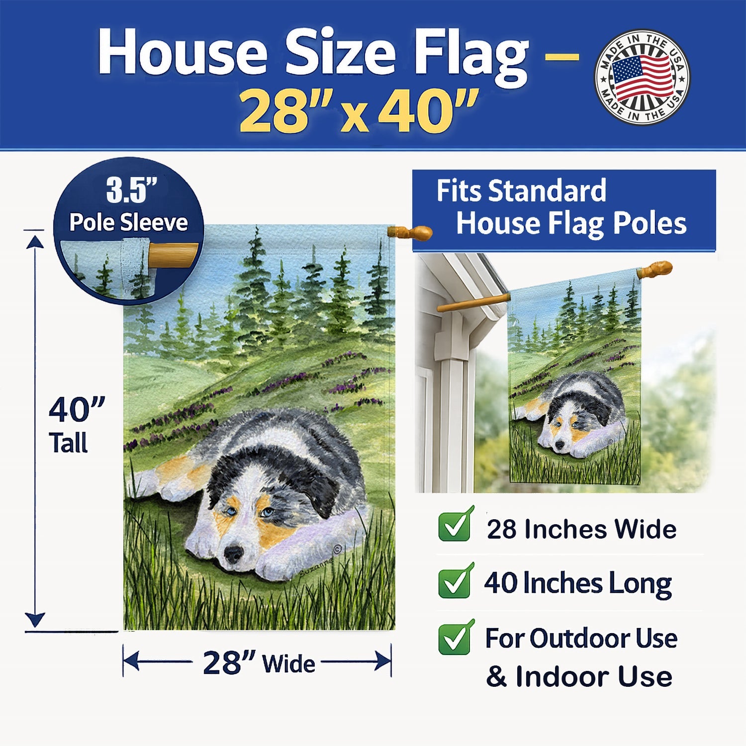 Australian Shepherd House Flag 28x40 Porch Sleeve Pole Decorative Outside Yard Banner Artwork Wall Hanging, Polyester