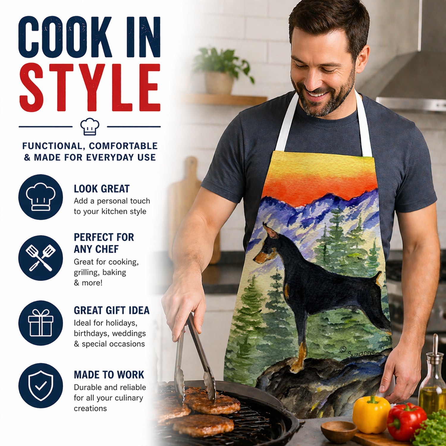 Doberman Apron Cooking Kitchen Server Baking Crafts Gardening for Adult Women Men, Unisex, Large, Multicolor