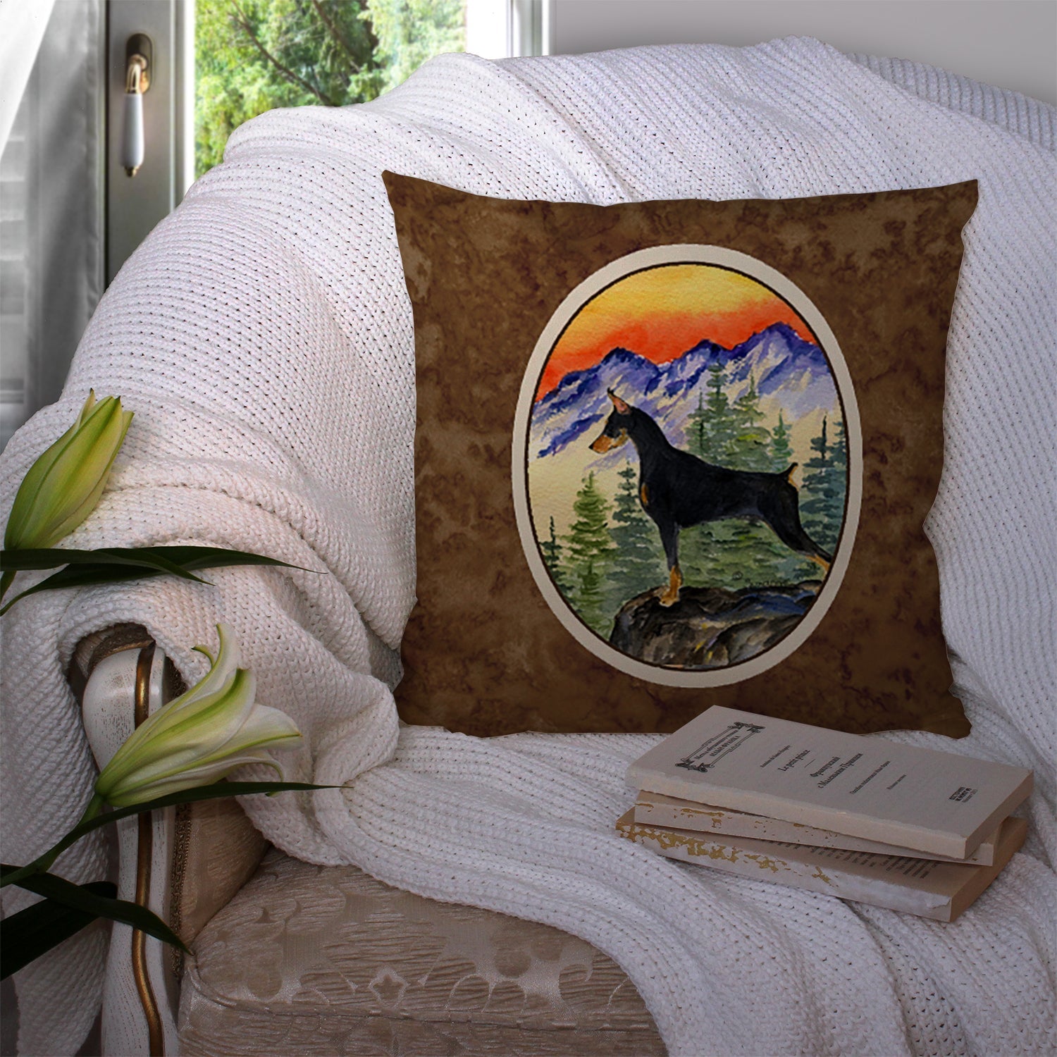 Doberman Decorative Throw Pillow 14x14 Indoor Outdoor Accent Cushion, Fabric Cover with Insert for Sofa, Bed, Porch & Living Room