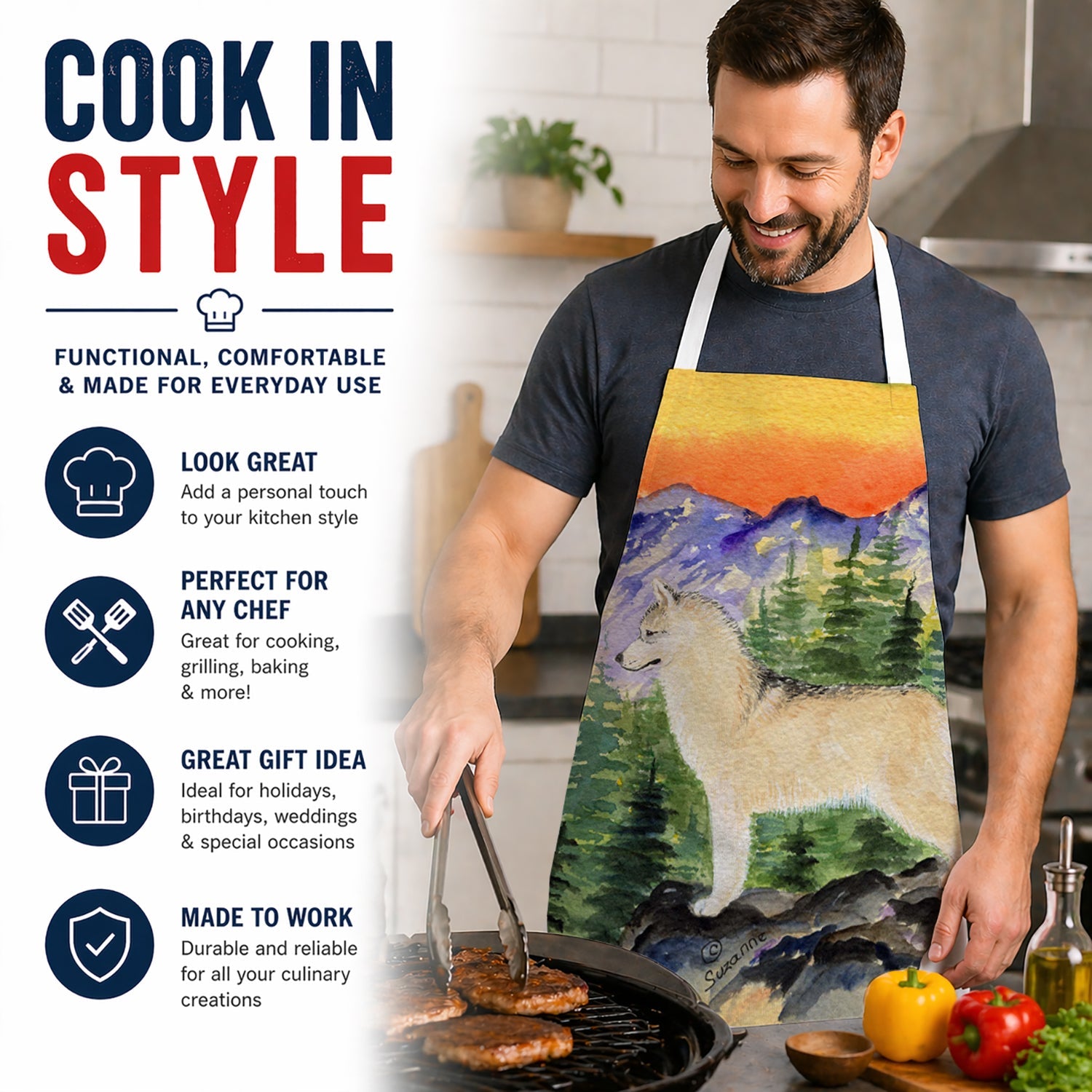 Siberian Husky Apron Cooking Kitchen Server Baking Crafts Gardening for Adult Women Men, Unisex, Large, Multicolor