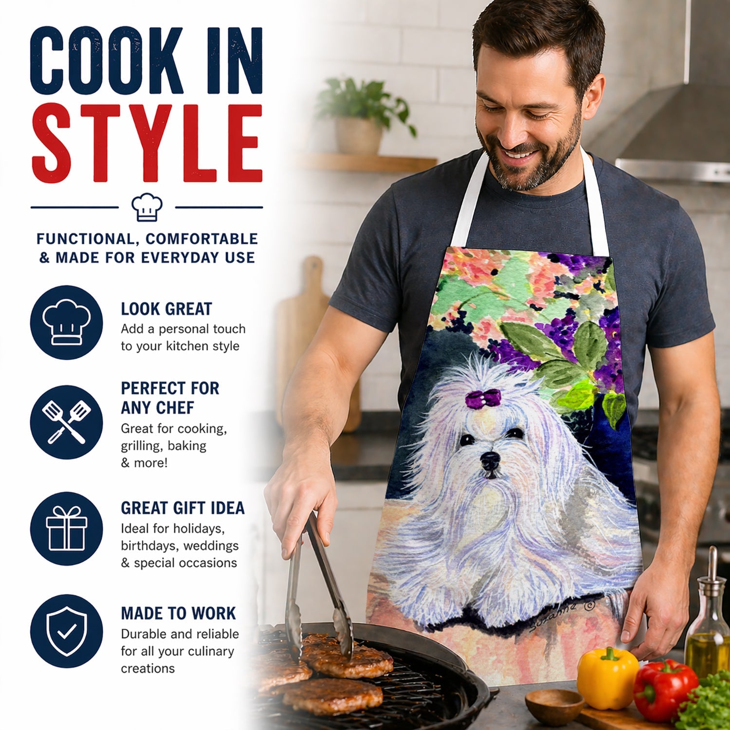 Maltese Apron Cooking Kitchen Server Baking Crafts Gardening for Adult Women Men, Unisex, Large, Multicolor