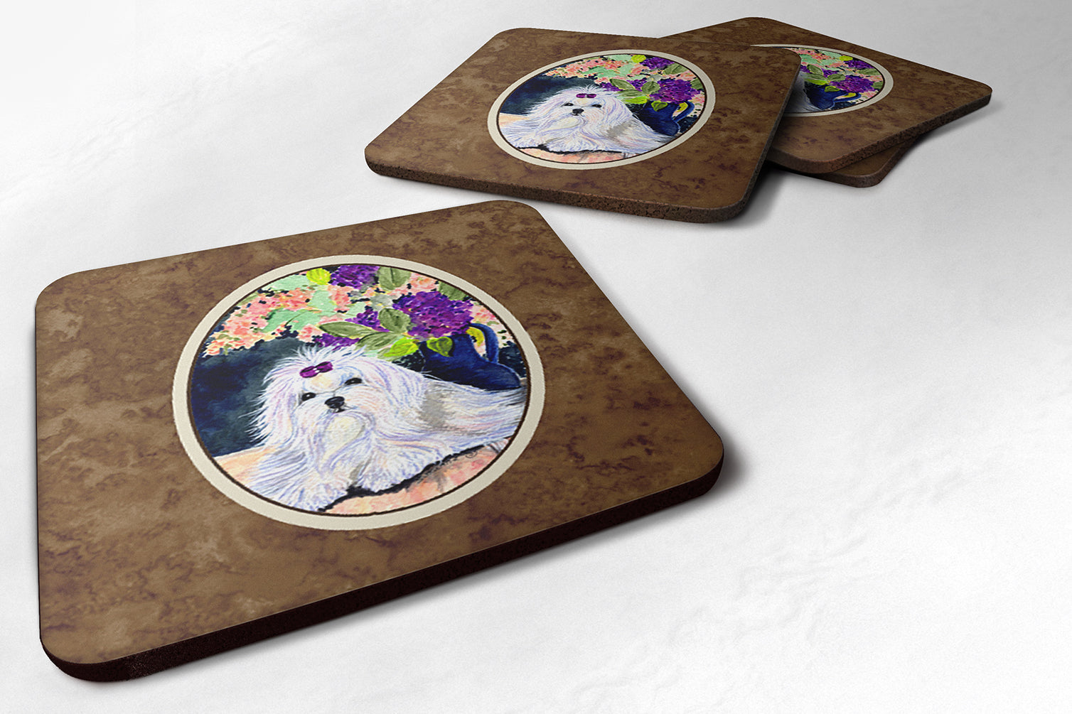 Maltese Foam Coasters Set of 4 Cup Coasters for Indoor Outdoor, Tabletop Protection, Anti Slip, Mouse pad Material