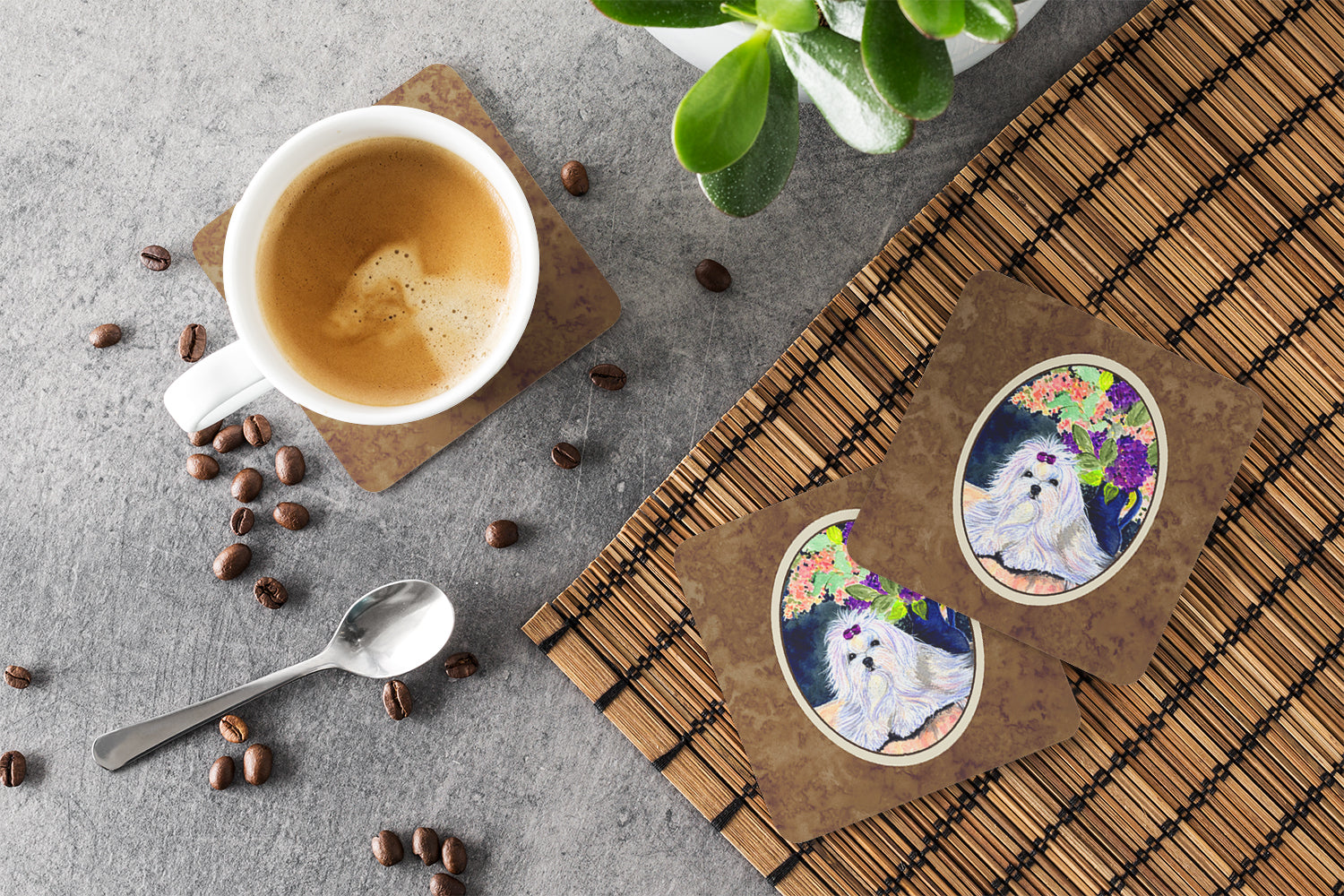 Maltese Foam Coasters Set of 4 Cup Coasters for Indoor Outdoor, Tabletop Protection, Anti Slip, Mouse pad Material