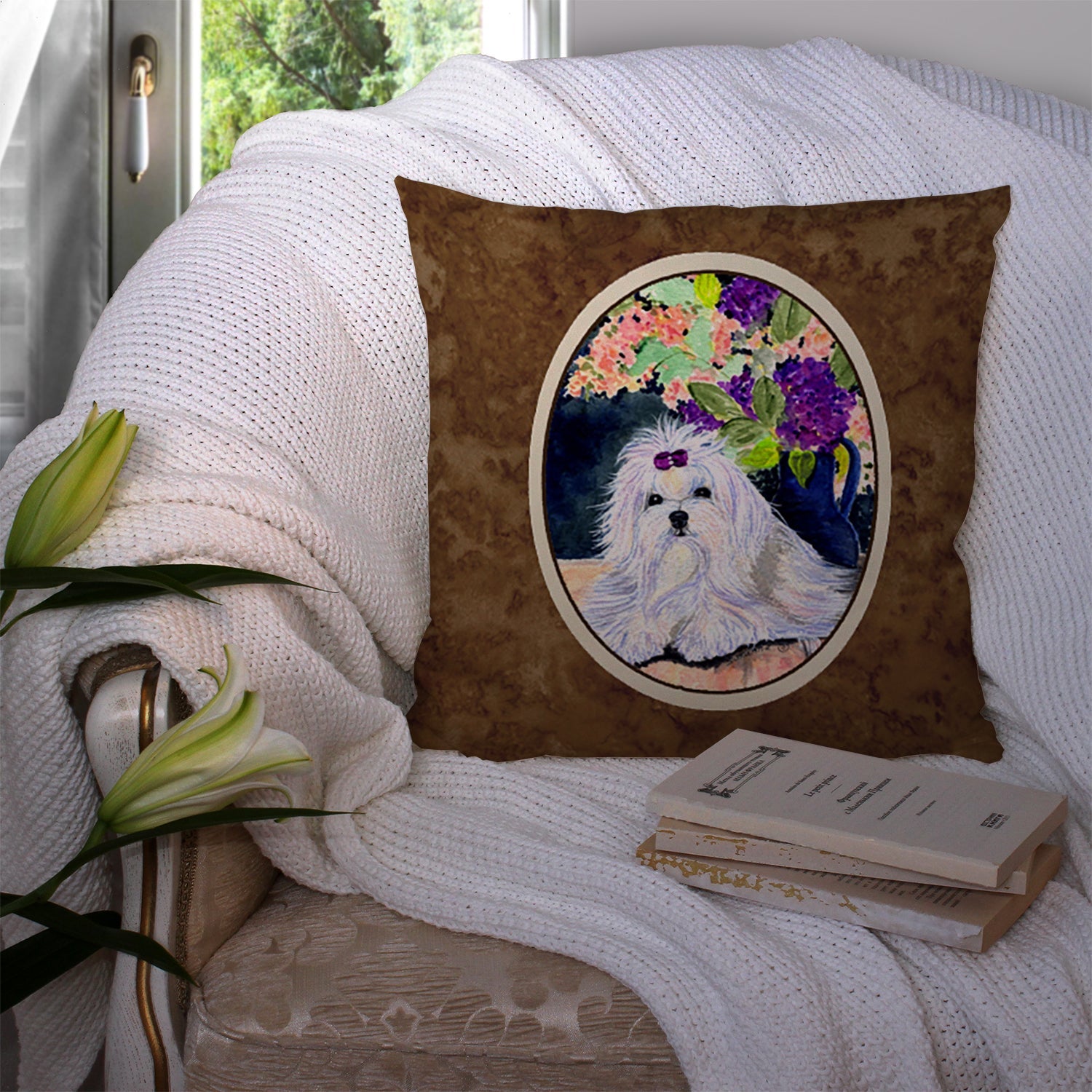 Maltese Decorative Throw Pillow 14x14 Indoor Outdoor Accent Cushion, Fabric Cover with Insert for Sofa, Bed, Porch & Living Room