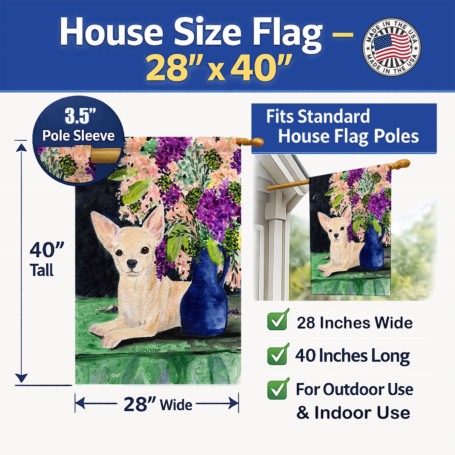 Chihuahua House Flag 28x40 Porch Sleeve Pole Decorative Outside Yard Banner Artwork Wall Hanging, Polyester