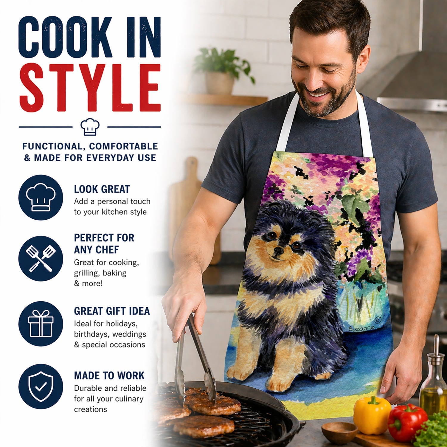 Pomeranian Apron Cooking Kitchen Server Baking Crafts Gardening for Adult Women Men, Unisex, Large, Multicolor
