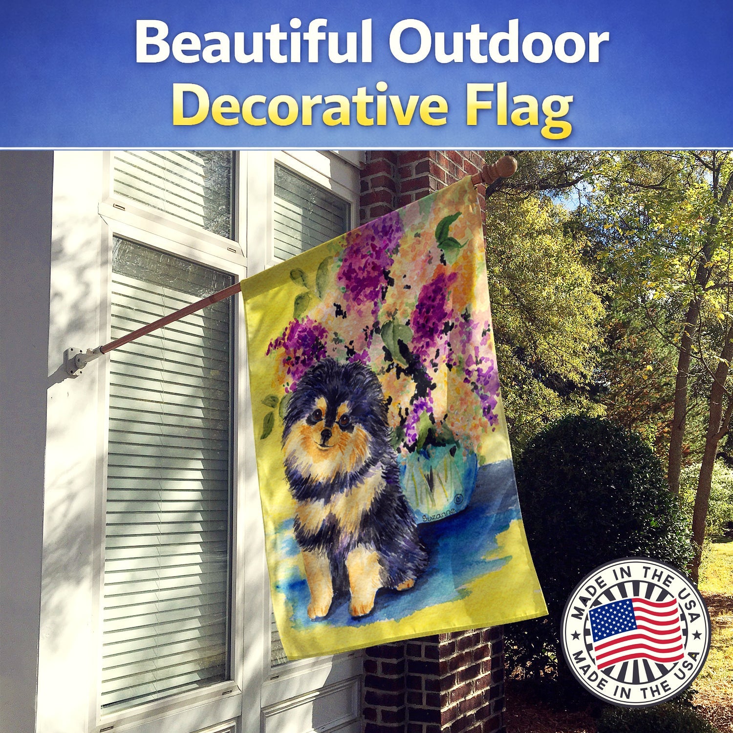 Pomeranian House Flag 28x40 Porch Sleeve Pole Decorative Outside Yard Banner Artwork Wall Hanging, Polyester