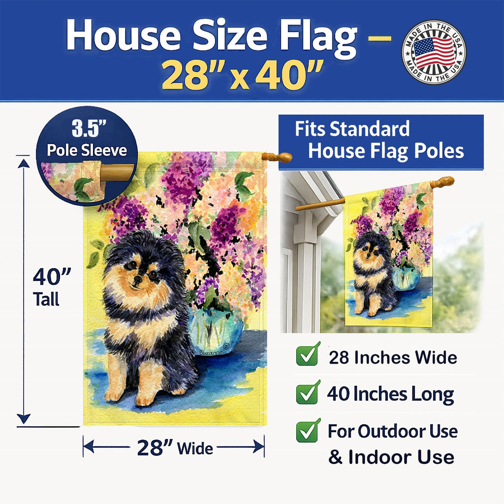 Pomeranian House Flag 28x40 Porch Sleeve Pole Decorative Outside Yard Banner Artwork Wall Hanging, Polyester