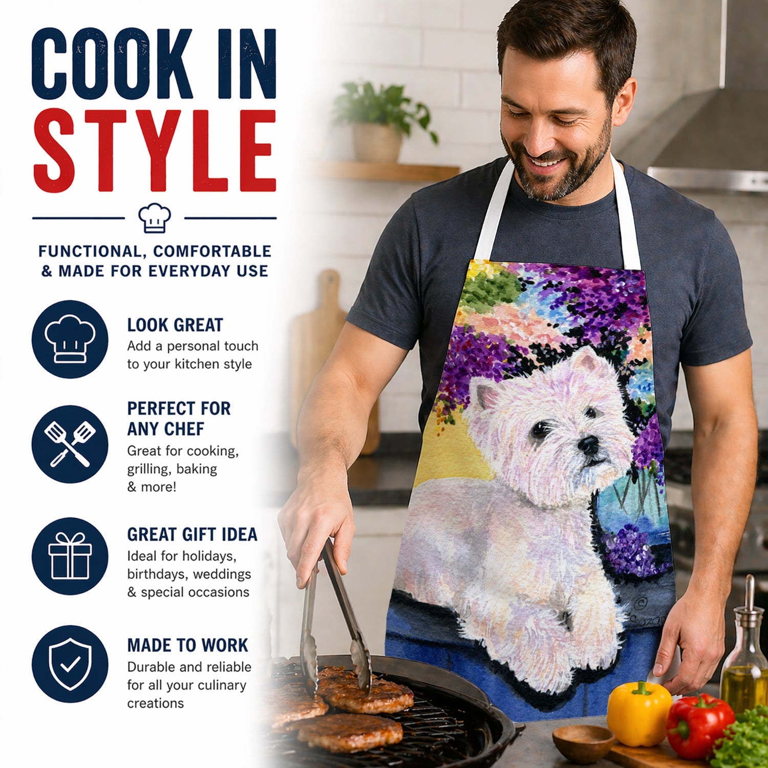 Westie Apron Cooking Kitchen Server Baking Crafts Gardening for Adult Women Men, Unisex, Large, Multicolor