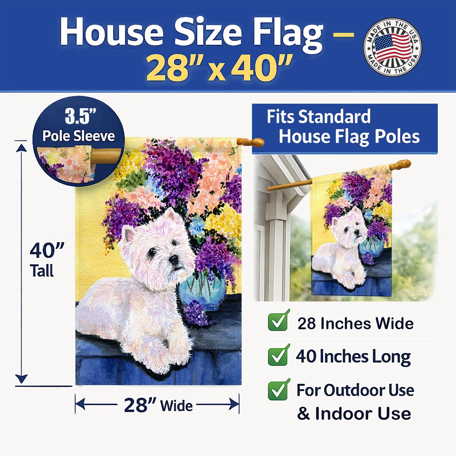 Westie House Flag 28x40 Porch Sleeve Pole Decorative Outside Yard Banner Artwork Wall Hanging, Polyester