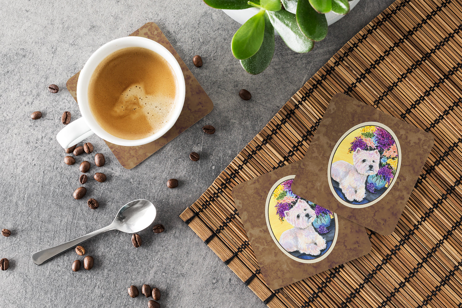 Westie Foam Coasters Set of 4 Cup Coasters for Indoor Outdoor, Tabletop Protection, Anti Slip, Mouse pad Material