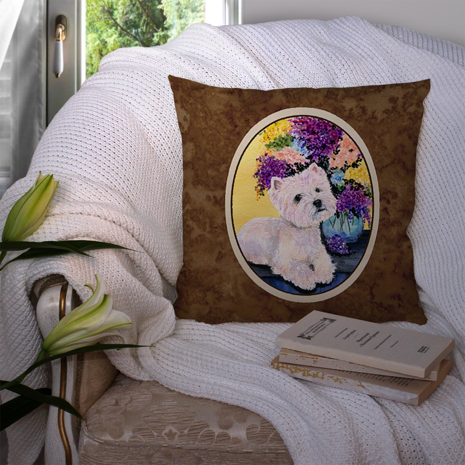 Westie Decorative Throw Pillow 14x14 Indoor Outdoor Accent Cushion, Fabric Cover with Insert for Sofa, Bed, Porch & Living Room