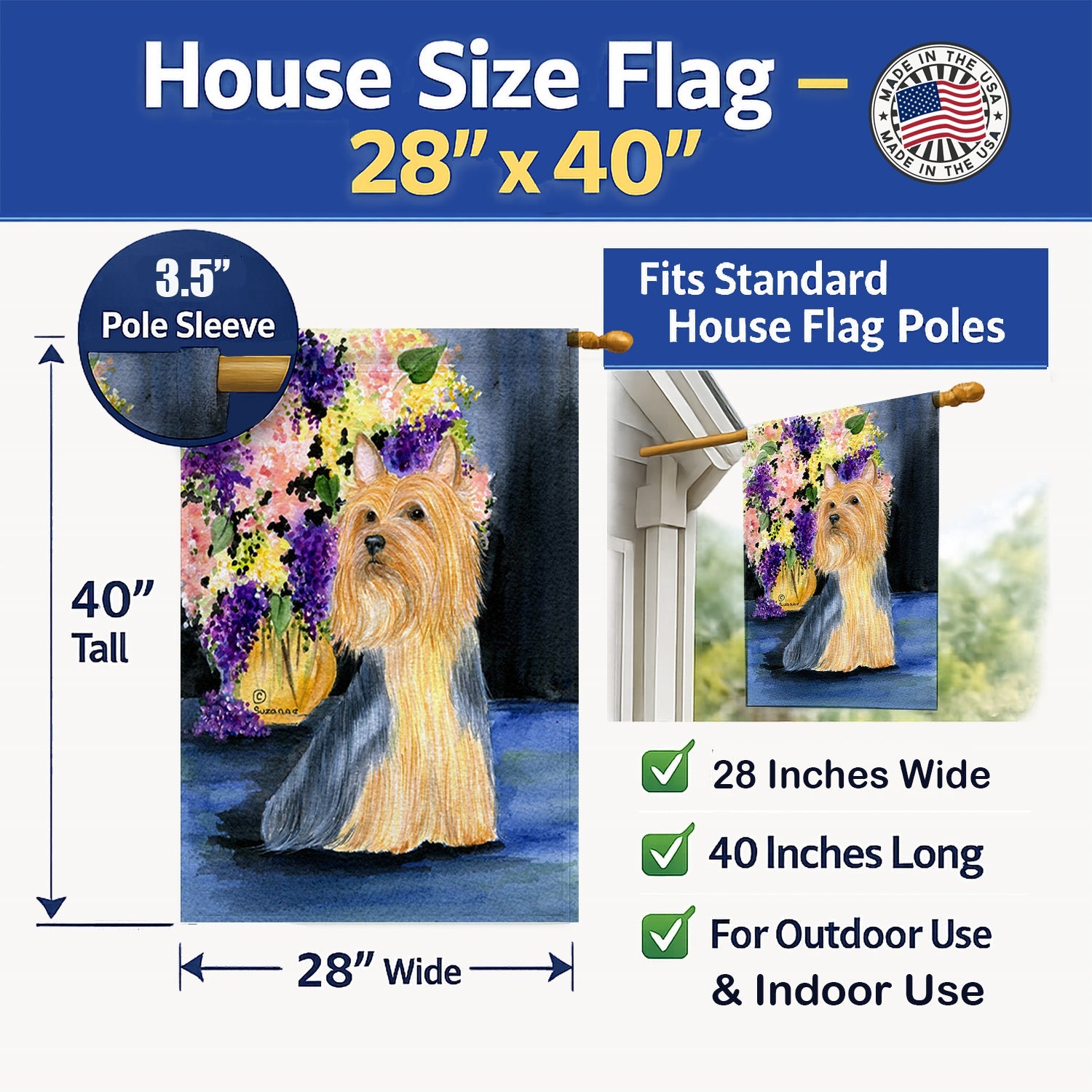 Silky Terrier House Flag 28x40 Porch Sleeve Pole Decorative Outside Yard Banner Artwork Wall Hanging, Polyester