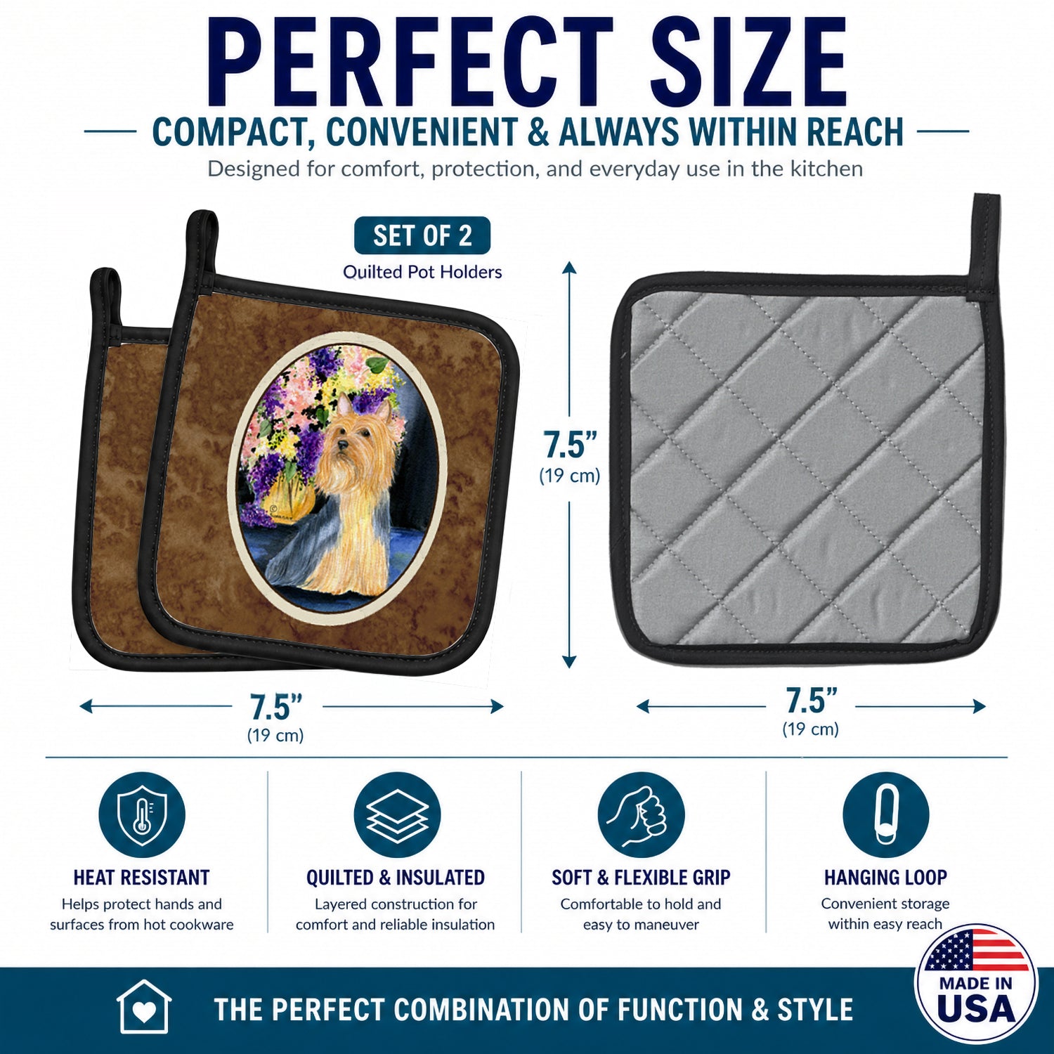 Silky Terrier Pot Holder Set of 2 Heat Resistant Quilted Hot Pads 7.5 x 7.5 Inch, Insulated Kitchen Trivets for Cooking & Baking