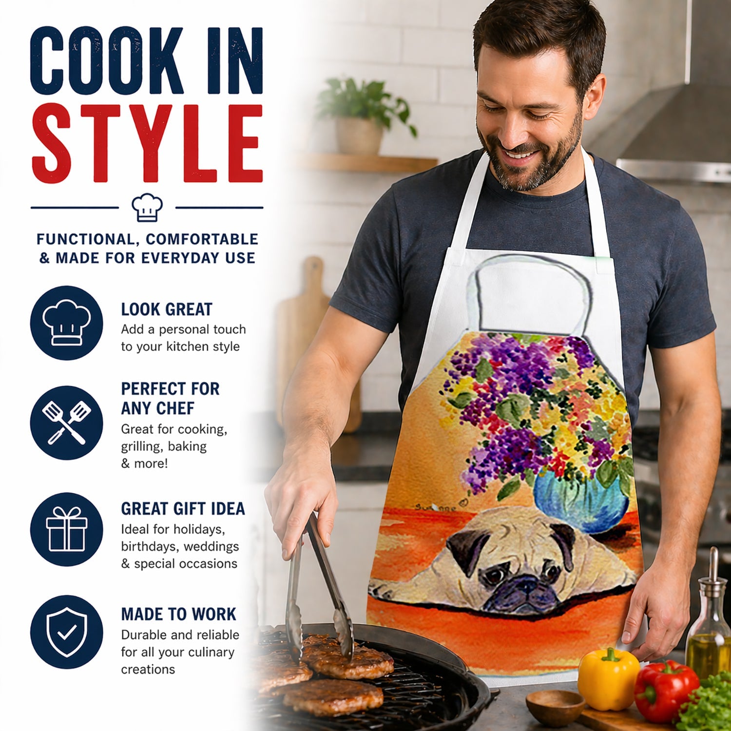 Pug Apron Cooking Kitchen Server Baking Crafts Gardening for Adult Women Men, Unisex, Large, Multicolor