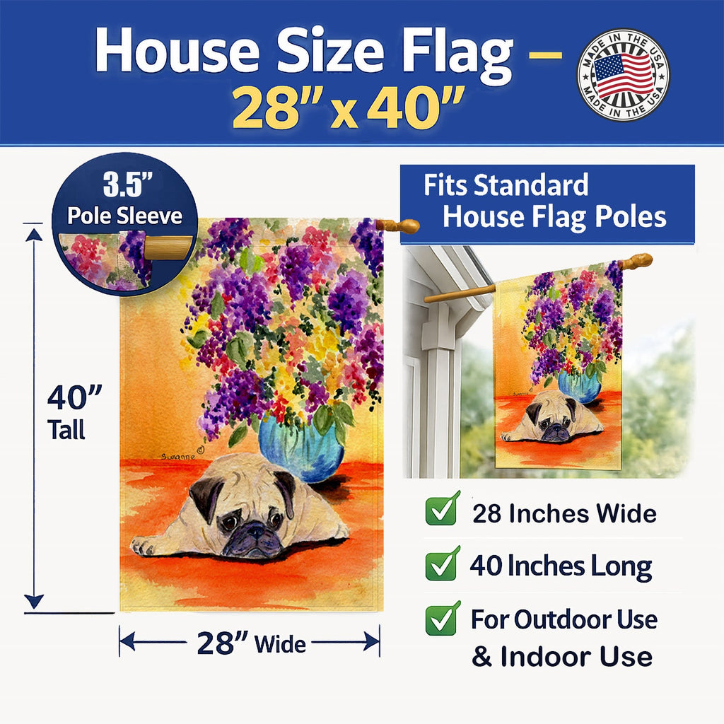 Pug House Flag 28x40 Porch Sleeve Pole Decorative Outside Yard Banner Artwork Wall Hanging, Polyester