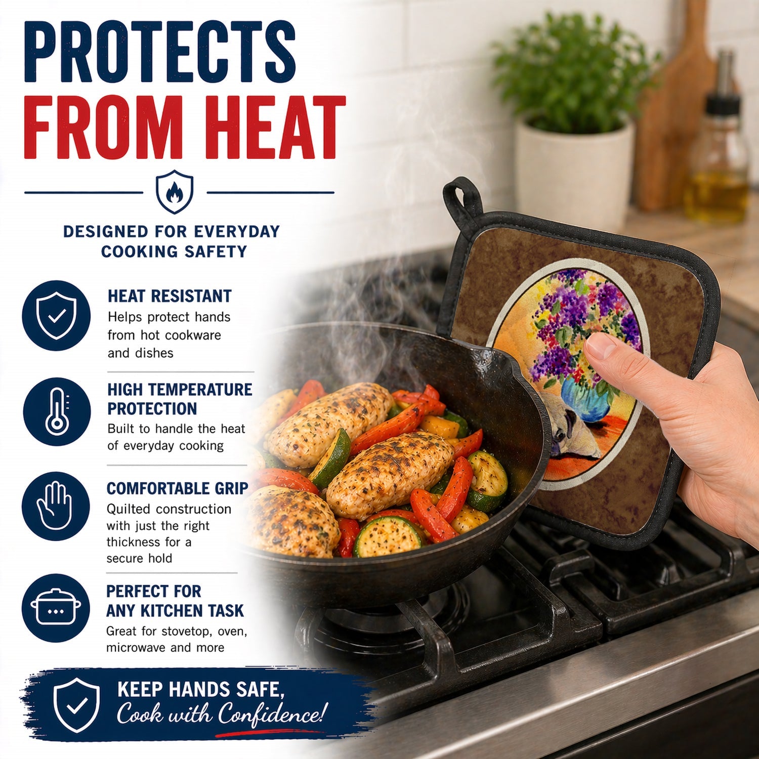 Pug Pot Holder Set of 2 Heat Resistant Quilted Hot Pads 7.5 x 7.5 Inch, Insulated Kitchen Trivets for Cooking & Baking