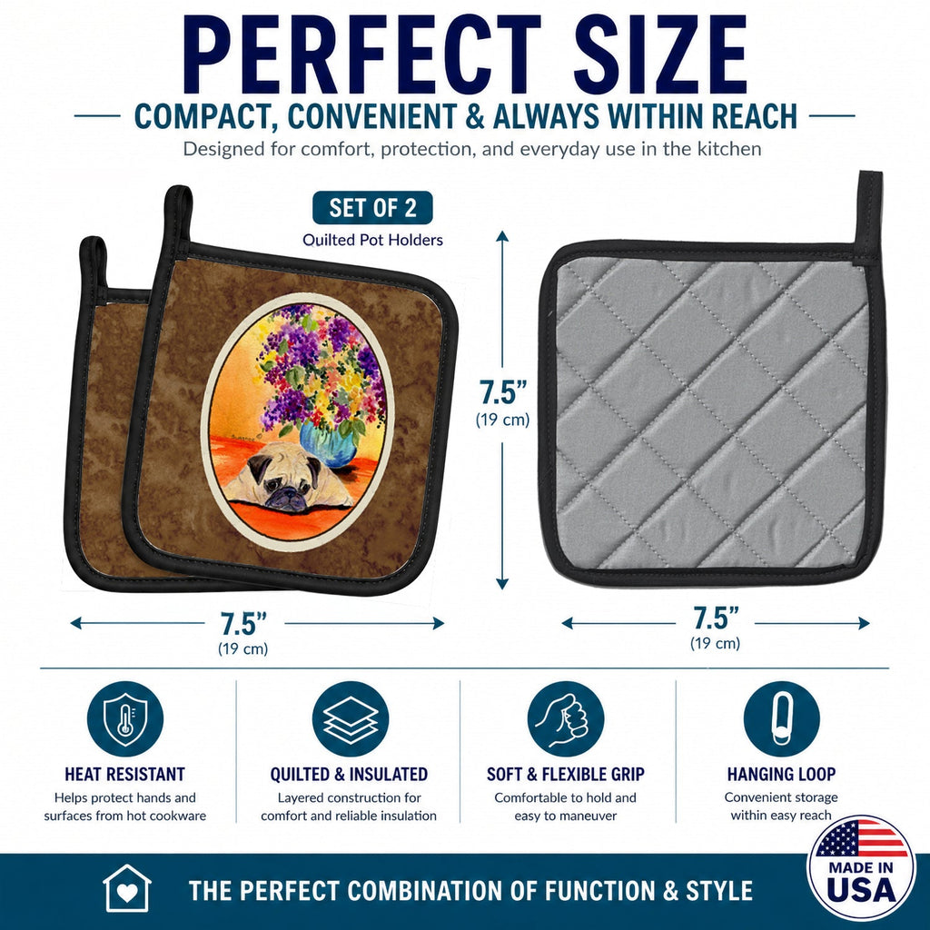 Pug Pot Holder Set of 2 Heat Resistant Quilted Hot Pads 7.5 x 7.5 Inch, Insulated Kitchen Trivets for Cooking & Baking