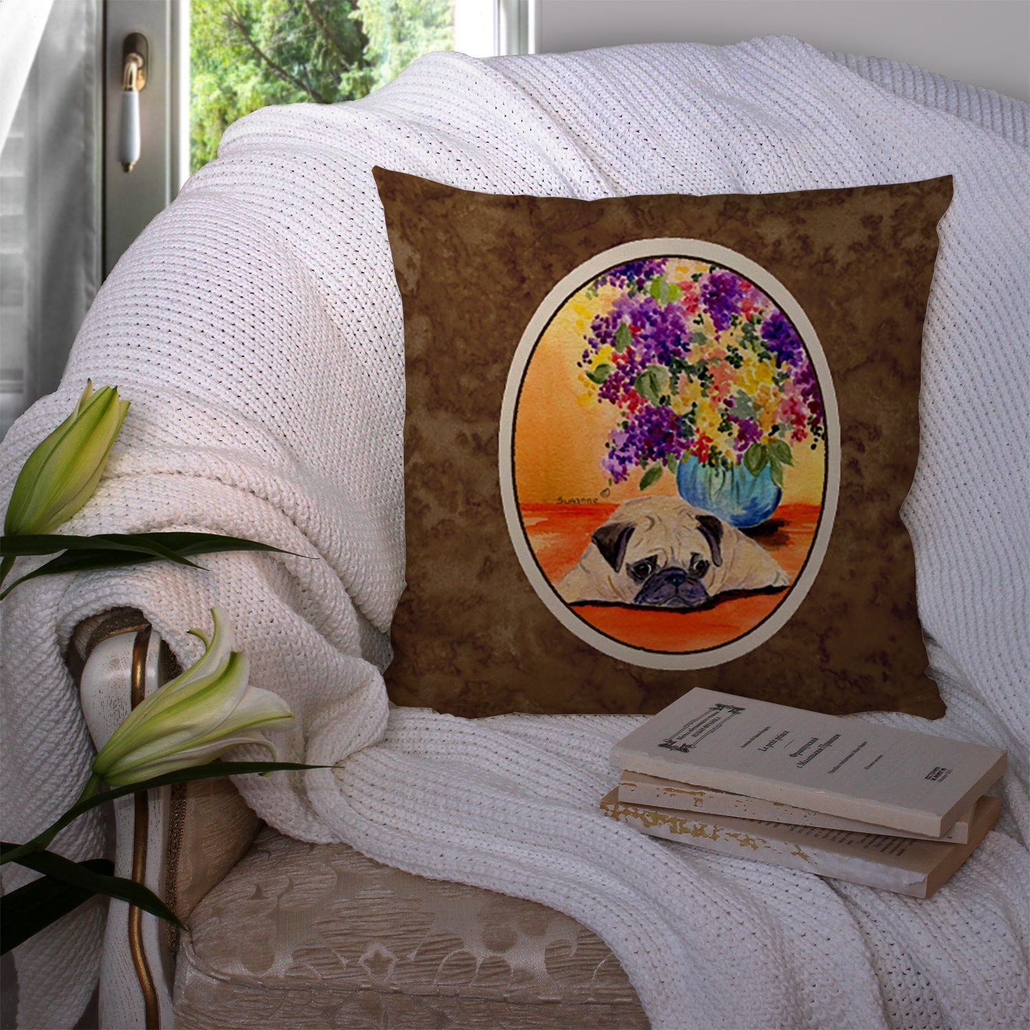 Pug Decorative Throw Pillow 14x14 Indoor Outdoor Accent Cushion, Fabric Cover with Insert for Sofa, Bed, Porch & Living Room