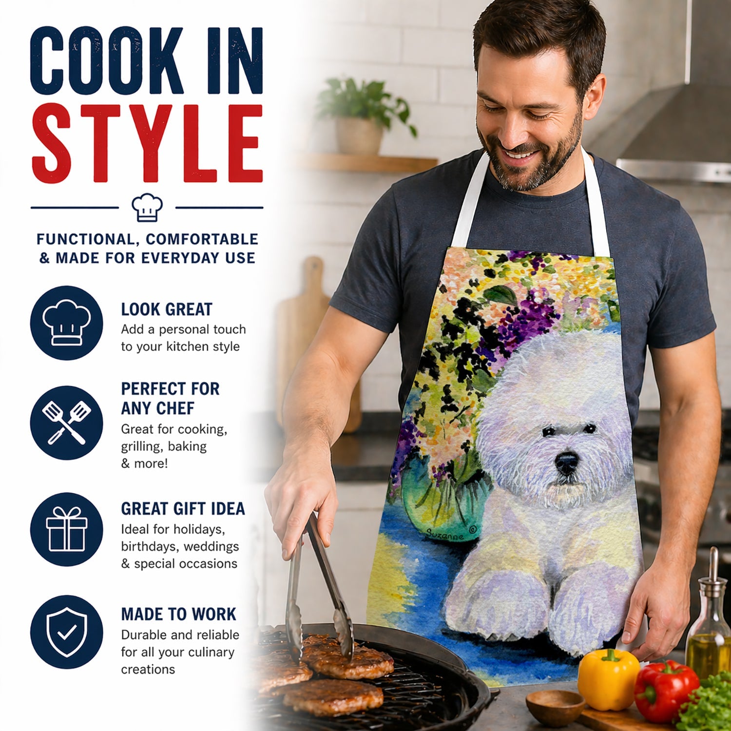 Bichon Frise Apron Cooking Kitchen Server Baking Crafts Gardening for Adult Women Men, Unisex, Large, Multicolor