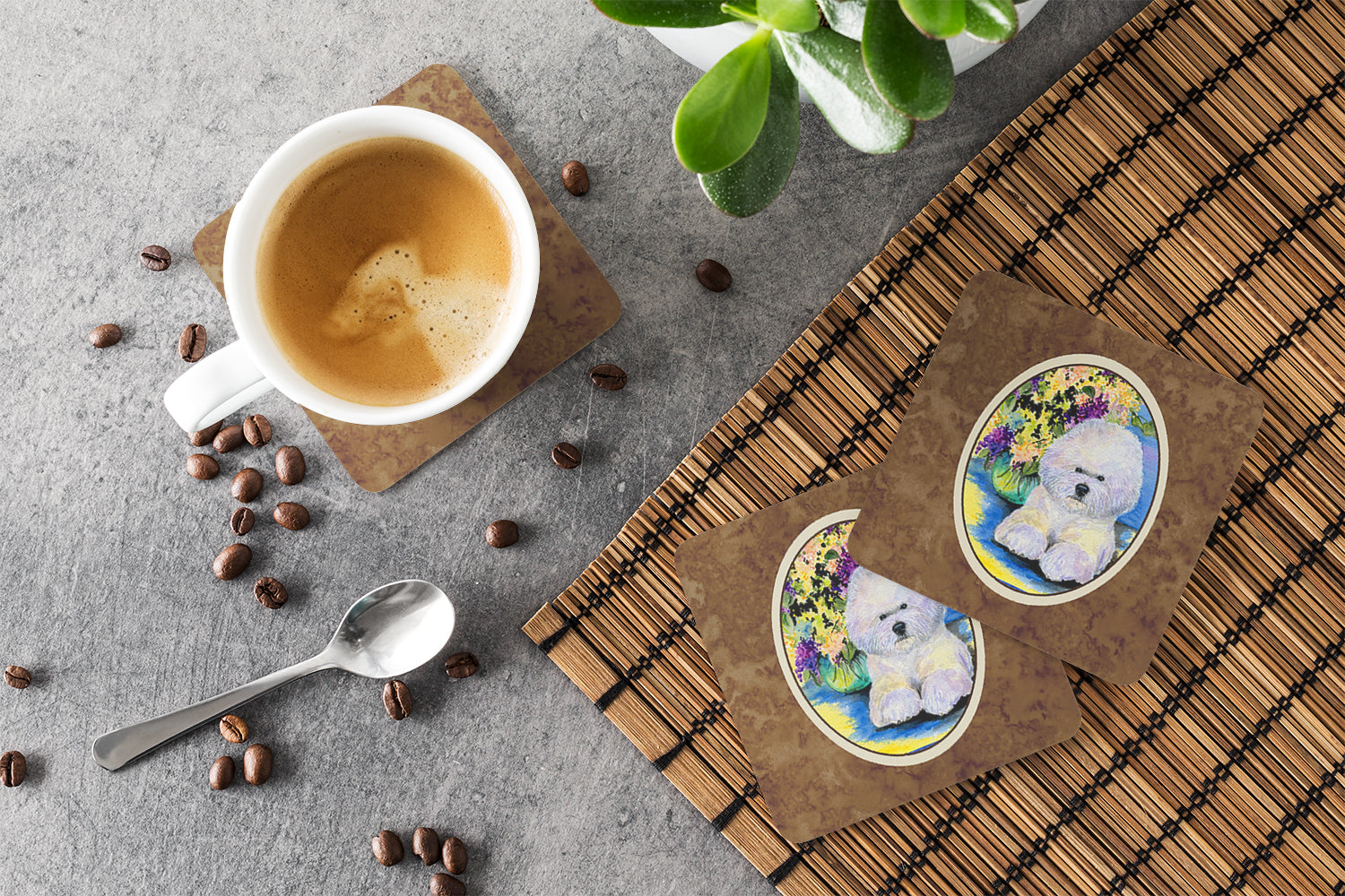 Bichon Frise Foam Coasters Set of 4 Cup Coasters for Indoor Outdoor, Tabletop Protection, Anti Slip, Mouse pad Material