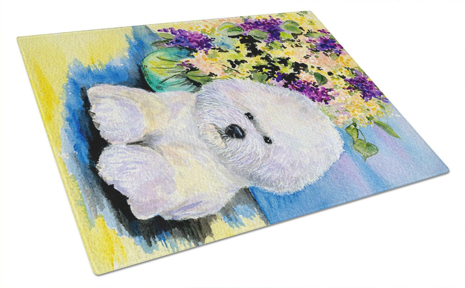Bichon Frise Cutting Board Tempered Glass Kitchen Cutting Surface, Heat Resistant Chopping, Non-Slip Feet, Food Prep & Serving