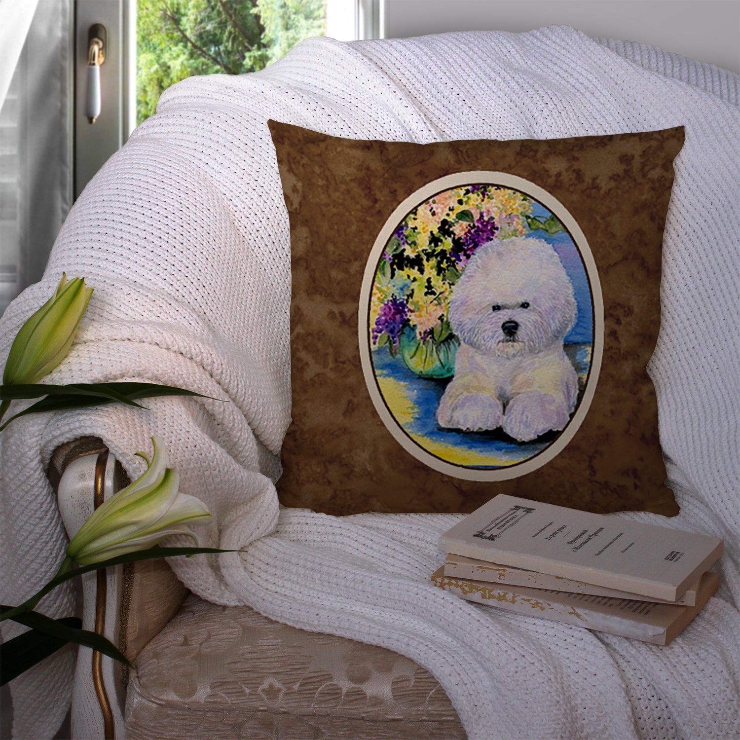 Bichon Frise Decorative Throw Pillow 14x14 Indoor Outdoor Accent Cushion, Fabric Cover with Insert for Sofa, Bed, Porch & Living Room