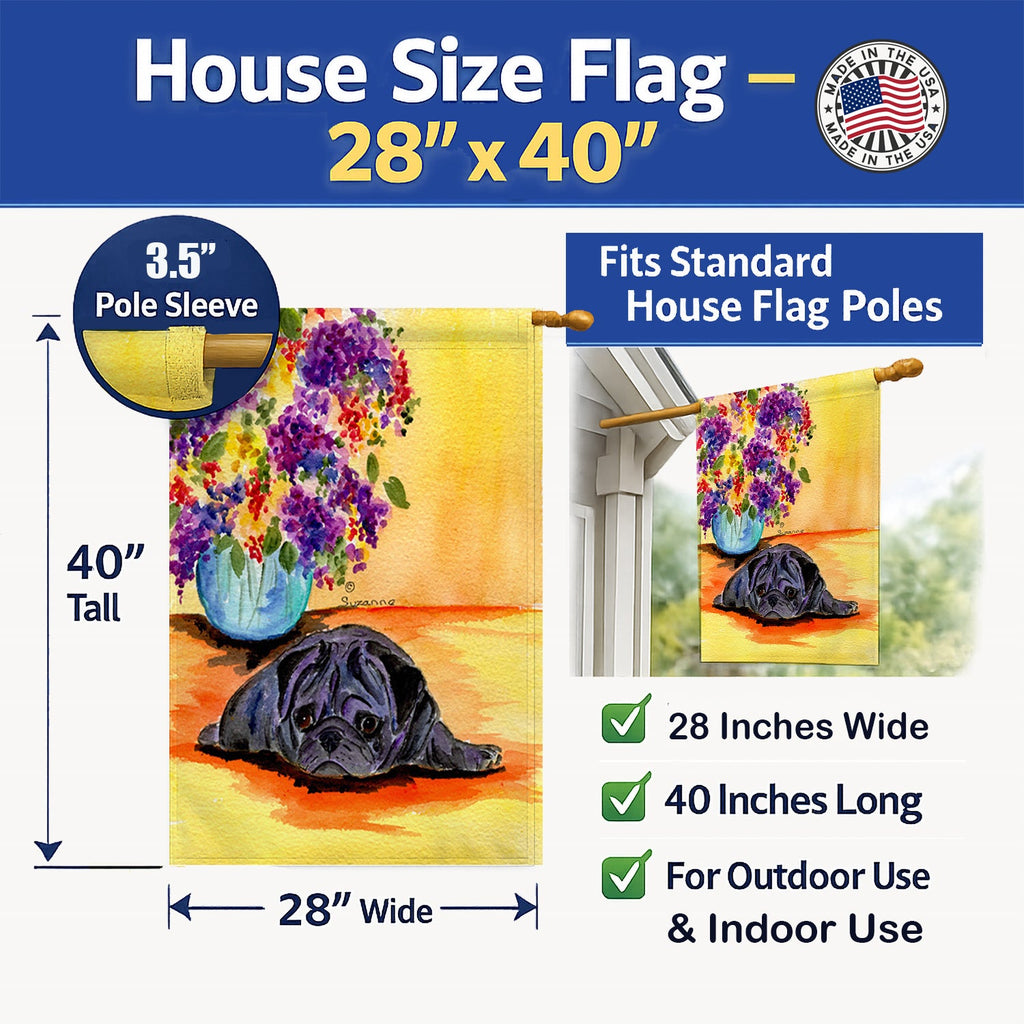 Pug House Flag 28x40 Porch Sleeve Pole Decorative Outside Yard Banner Artwork Wall Hanging, Polyester