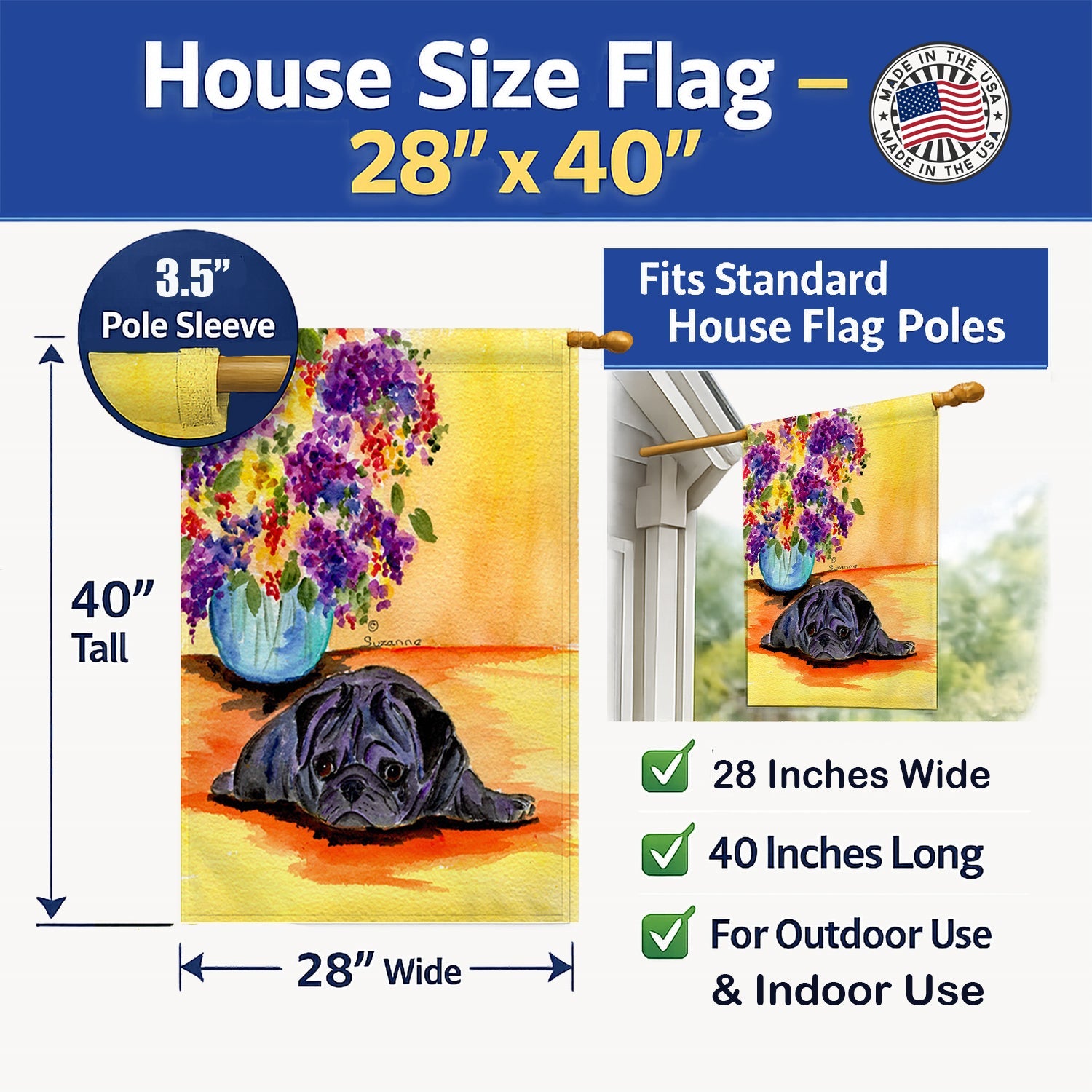Pug House Flag 28x40 Porch Sleeve Pole Decorative Outside Yard Banner Artwork Wall Hanging, Polyester