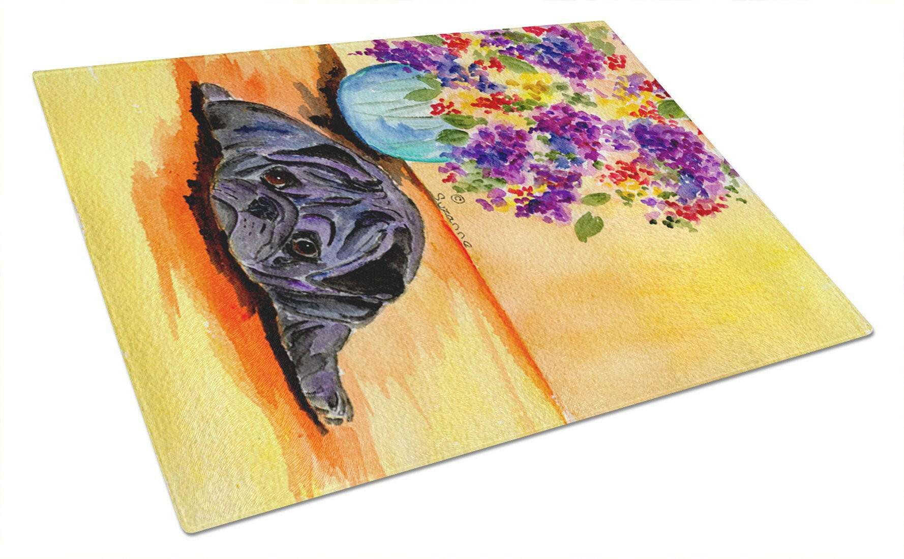 Pug Cutting Board Tempered Glass Kitchen Cutting Surface, Heat Resistant Chopping, Non-Slip Feet, Food Prep & Serving