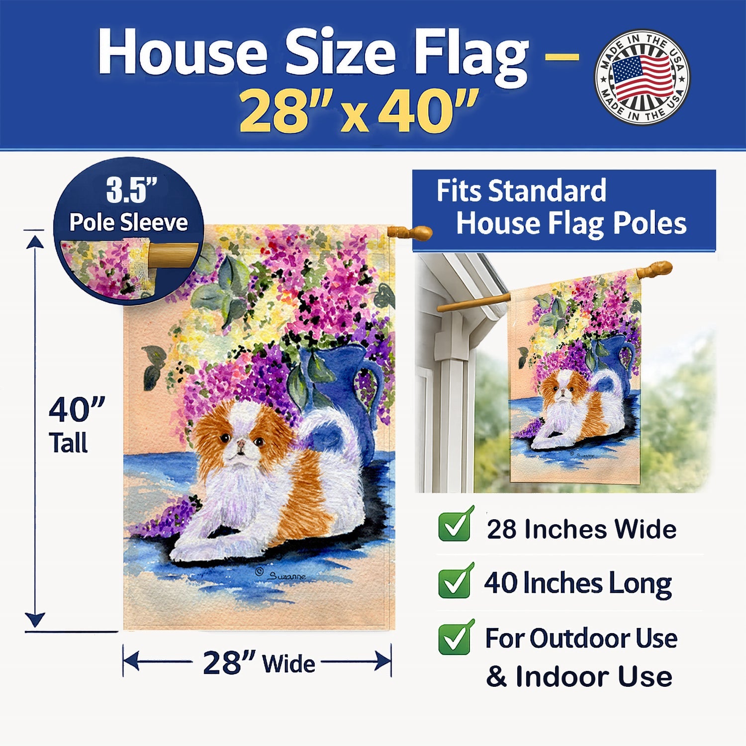 Japanese Chin House Flag 28x40 Porch Sleeve Pole Decorative Outside Yard Banner Artwork Wall Hanging, Polyester