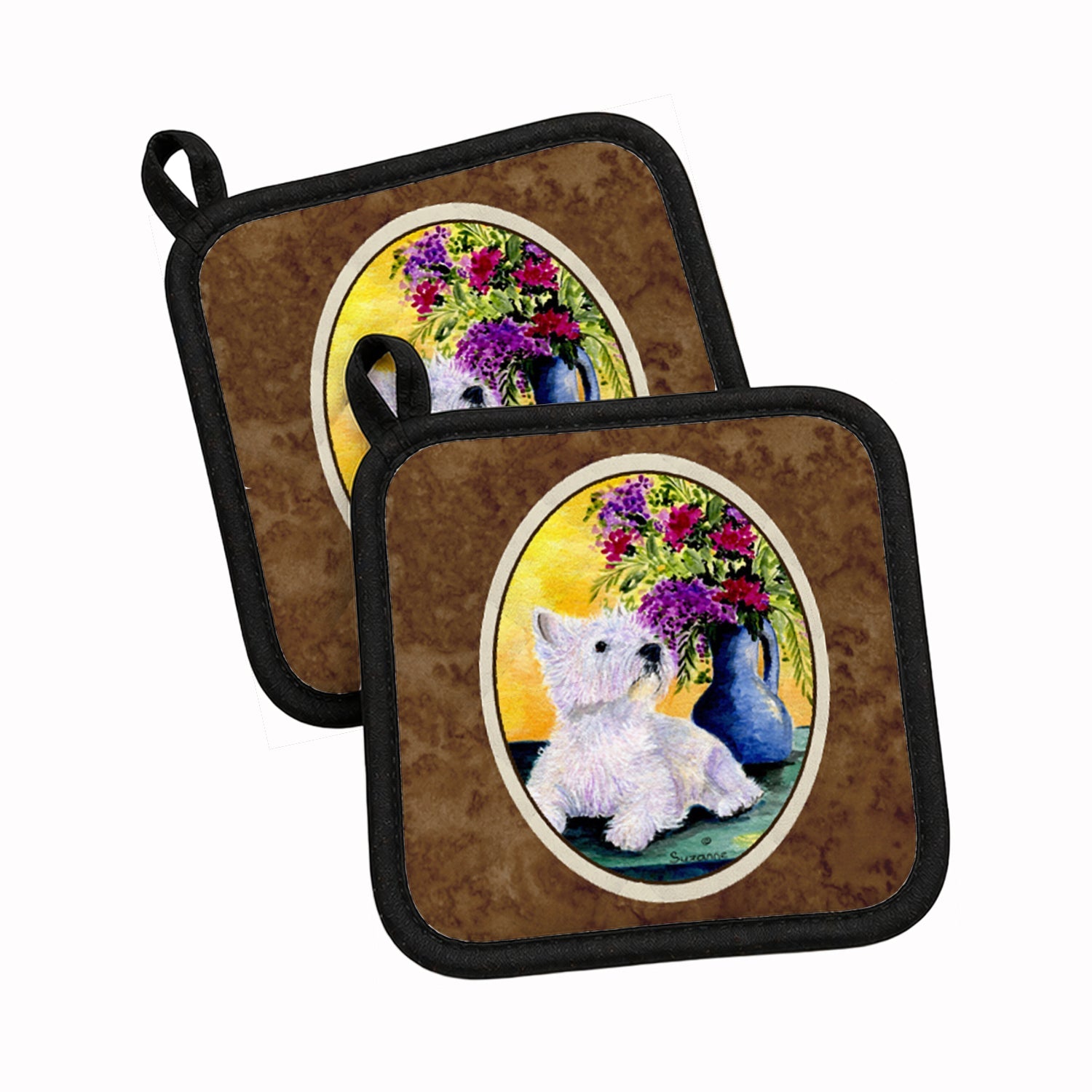 Westie Pot Holder Set of 2 Heat Resistant Quilted Hot Pads 7.5 x 7.5 Inch, Insulated Kitchen Trivets for Cooking & Baking