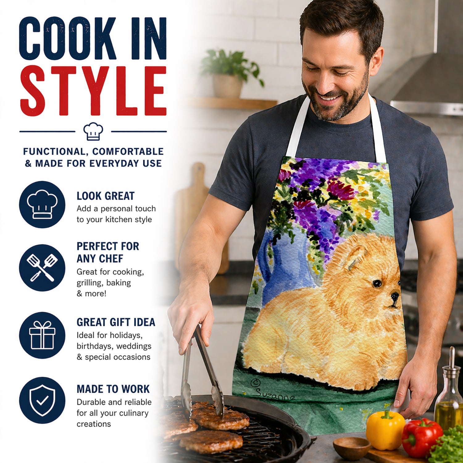 Pomeranian Apron Cooking Kitchen Server Baking Crafts Gardening for Adult Women Men, Unisex, Large, Multicolor