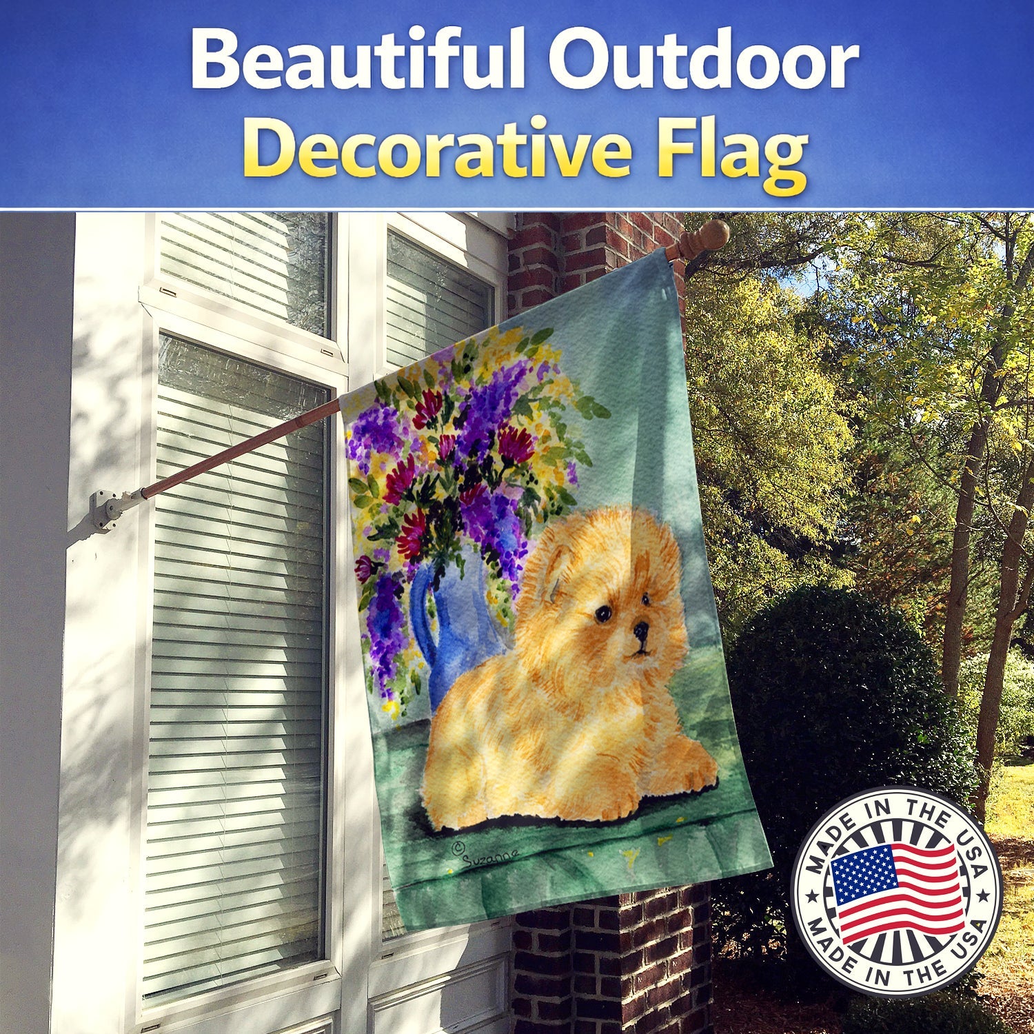 Pomeranian House Flag 28x40 Porch Sleeve Pole Decorative Outside Yard Banner Artwork Wall Hanging, Polyester