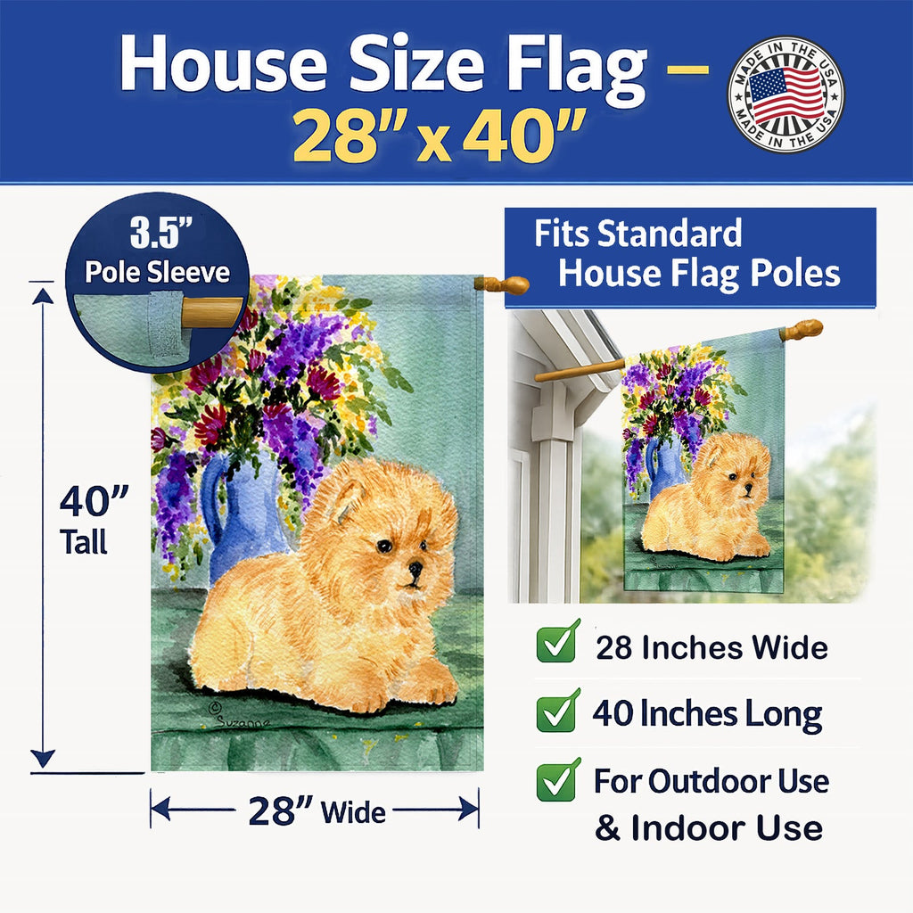 Pomeranian House Flag 28x40 Porch Sleeve Pole Decorative Outside Yard Banner Artwork Wall Hanging, Polyester