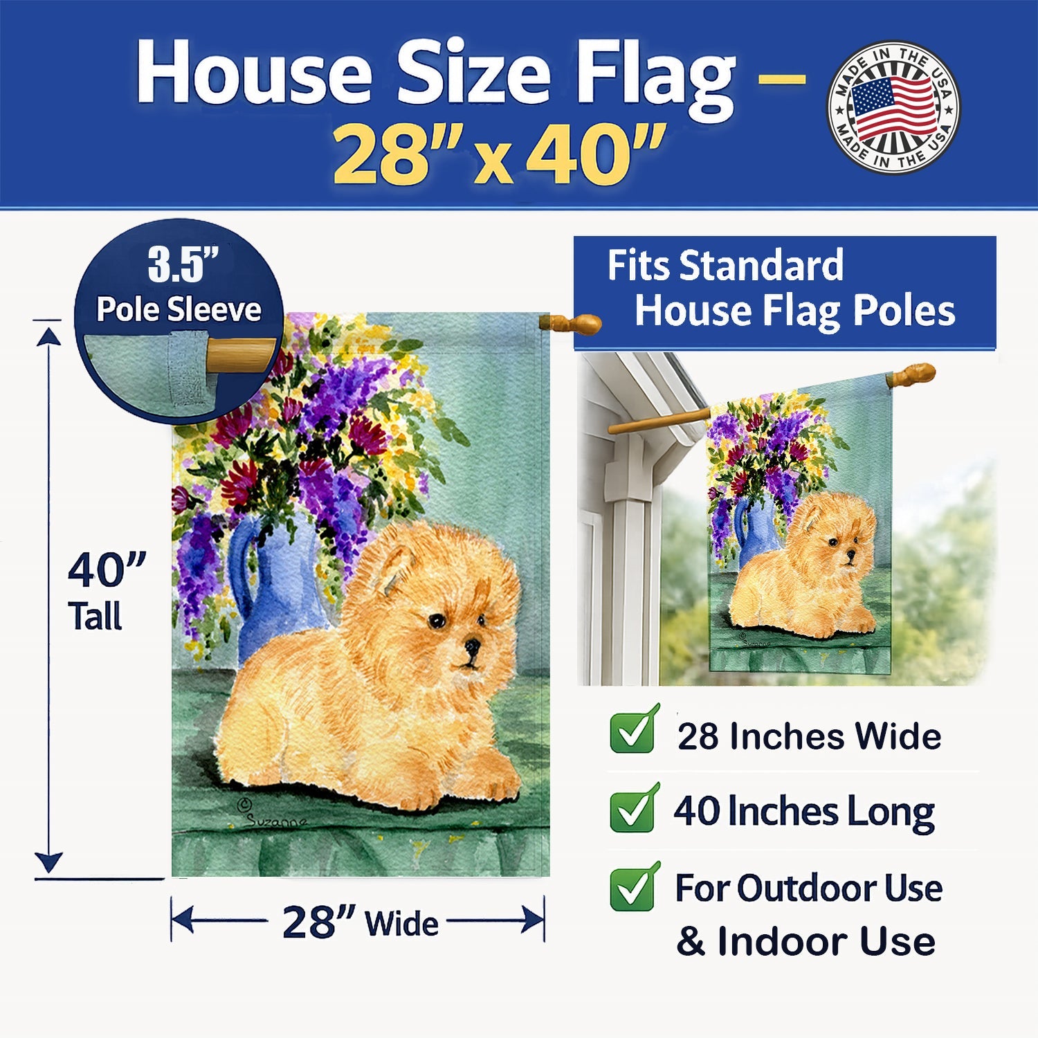 Pomeranian House Flag 28x40 Porch Sleeve Pole Decorative Outside Yard Banner Artwork Wall Hanging, Polyester
