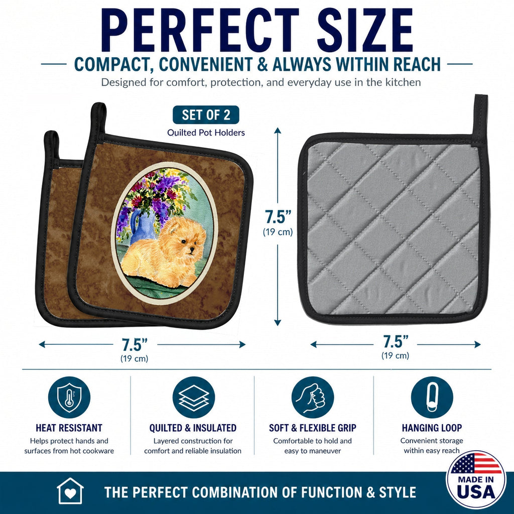 Pomeranian Pot Holder Set of 2 Heat Resistant Quilted Hot Pads 7.5 x 7.5 Inch, Insulated Kitchen Trivets for Cooking & Baking