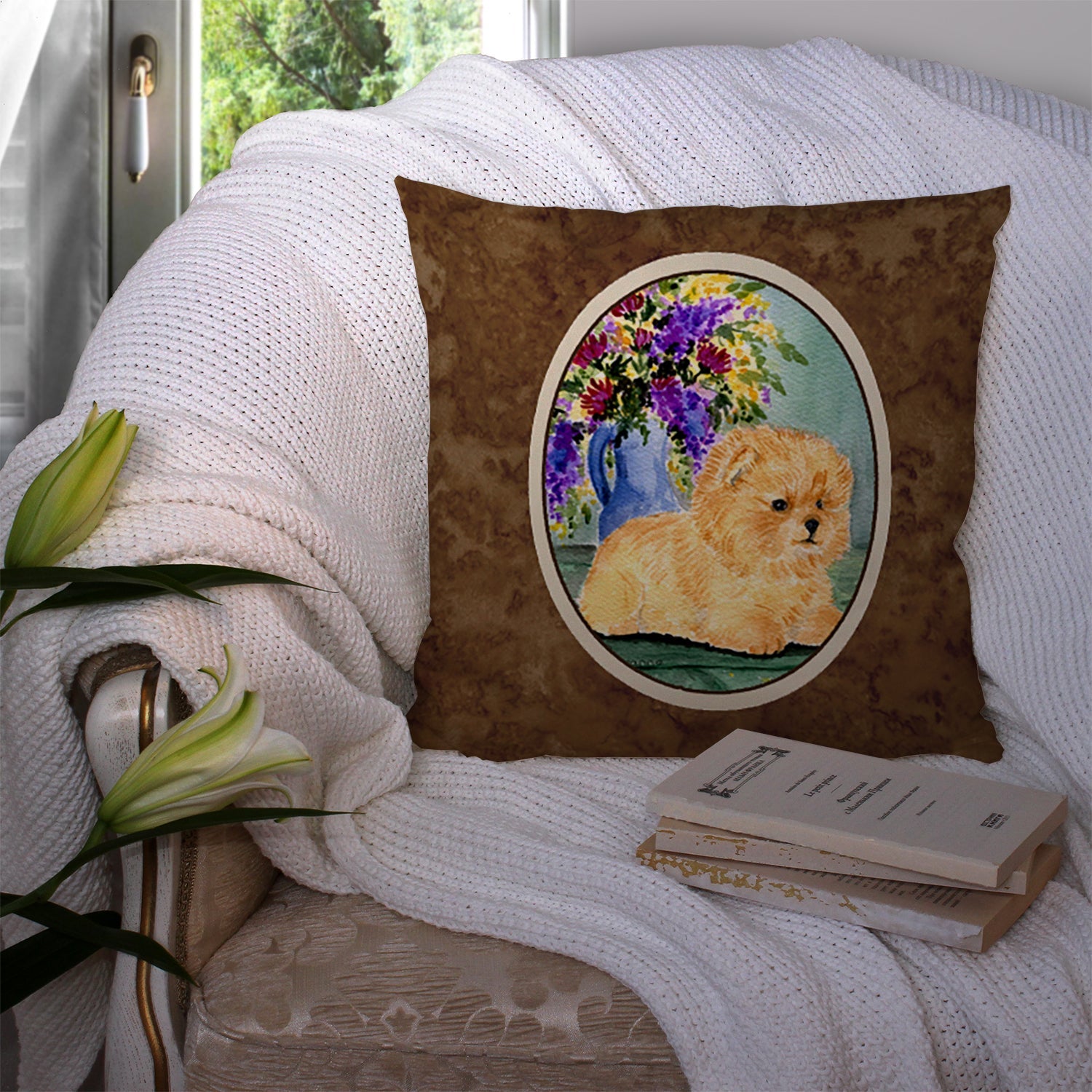 Pomeranian Decorative Throw Pillow 14x14 Indoor Outdoor Accent Cushion, Fabric Cover with Insert for Sofa, Bed, Porch & Living Room