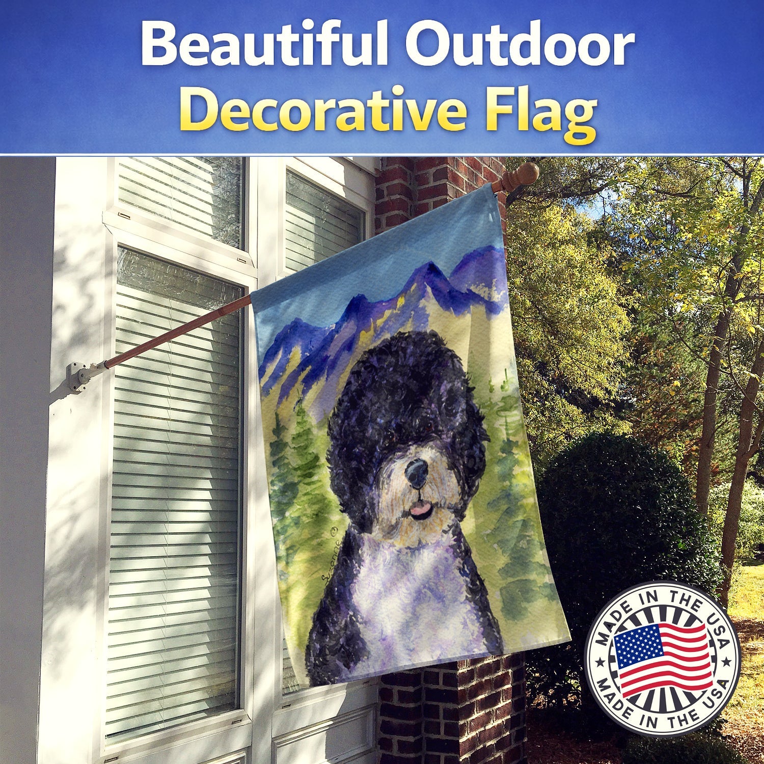 Portuguese Water Dog House Flag 28x40 Porch Sleeve Pole Decorative Outside Yard Banner Artwork Wall Hanging, Polyester
