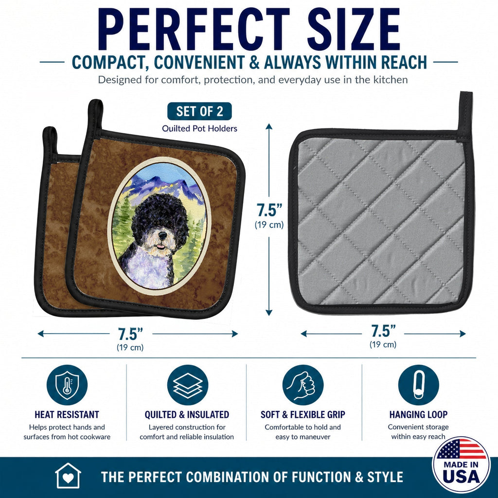 Portuguese Water Dog Pot Holder Set of 2 Heat Resistant Quilted Hot Pads 7.5 x 7.5 Inch, Insulated Kitchen Trivets for Cooking & Baking