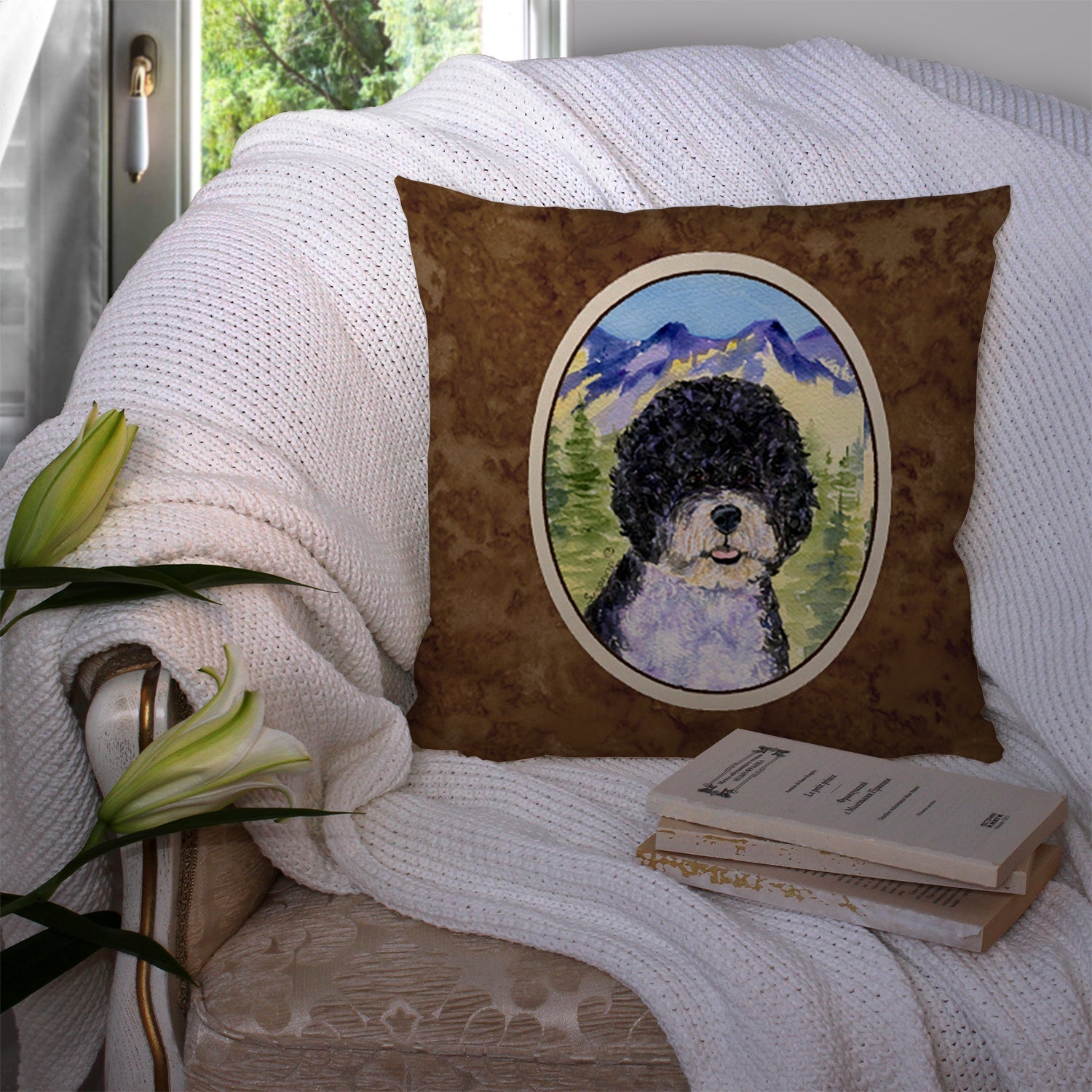 Portuguese Water Dog Decorative Throw Pillow 14x14 Indoor Outdoor Accent Cushion, Fabric Cover with Insert for Sofa, Bed, Porch & Living Room