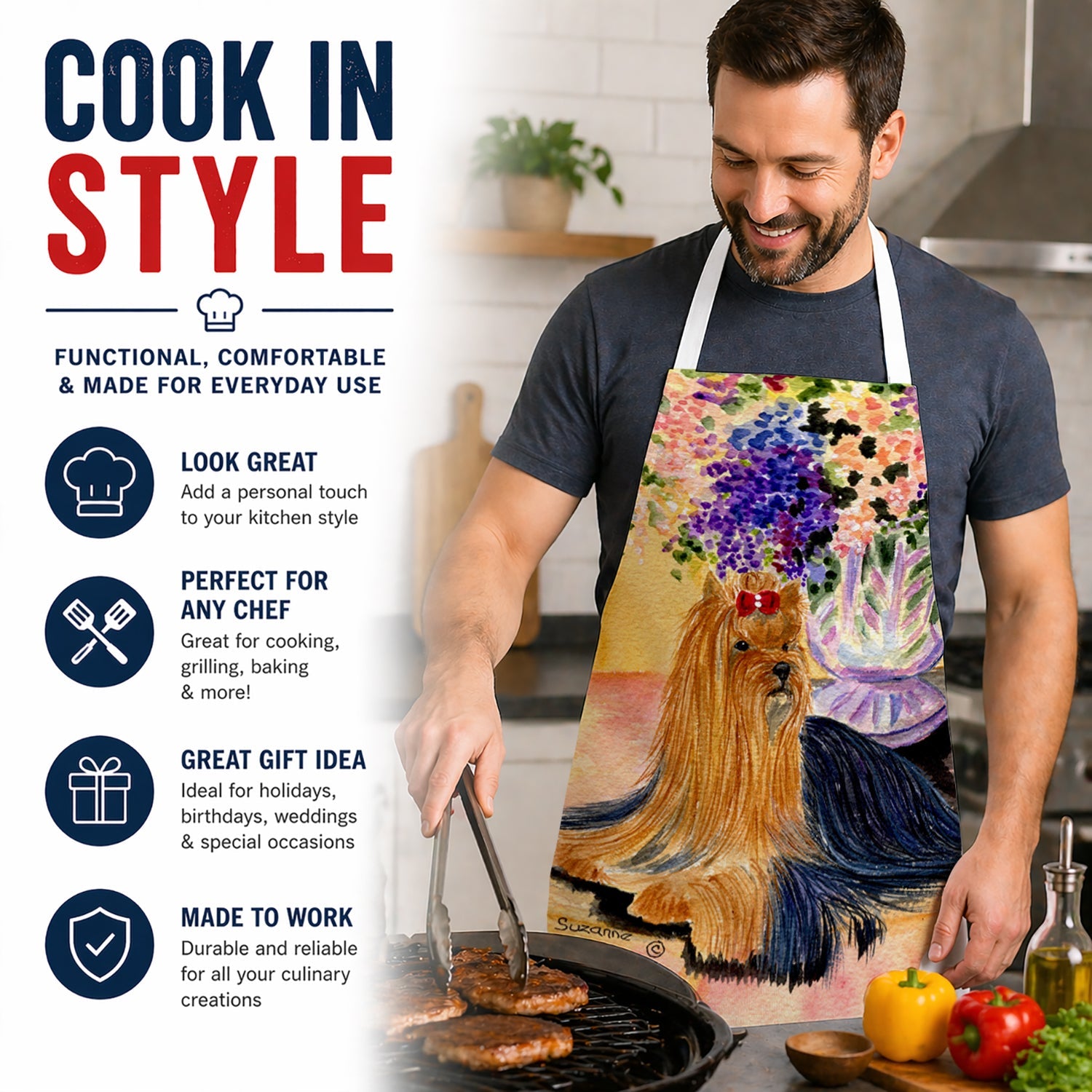 Yorkie Apron Cooking Kitchen Server Baking Crafts Gardening for Adult Women Men, Unisex, Large, Multicolor
