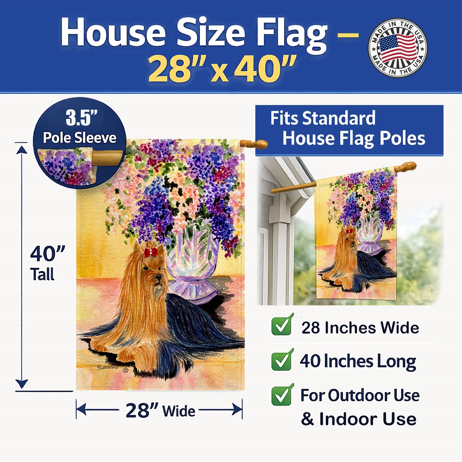 Yorkie House Flag 28x40 Porch Sleeve Pole Decorative Outside Yard Banner Artwork Wall Hanging, Polyester