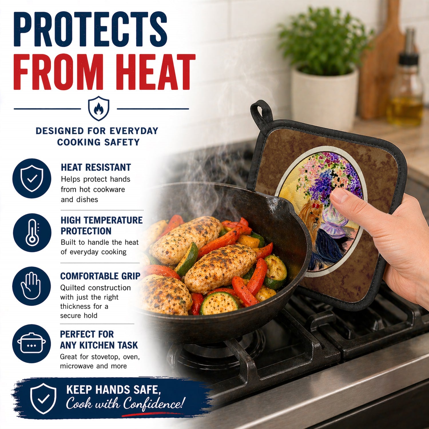 Yorkie Pot Holder Set of 2 Heat Resistant Quilted Hot Pads 7.5 x 7.5 Inch, Insulated Kitchen Trivets for Cooking & Baking