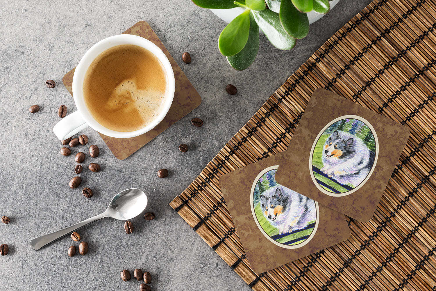 Sheltie Foam Coasters Set of 4 Cup Coasters for Indoor Outdoor, Tabletop Protection, Anti Slip, Mouse pad Material