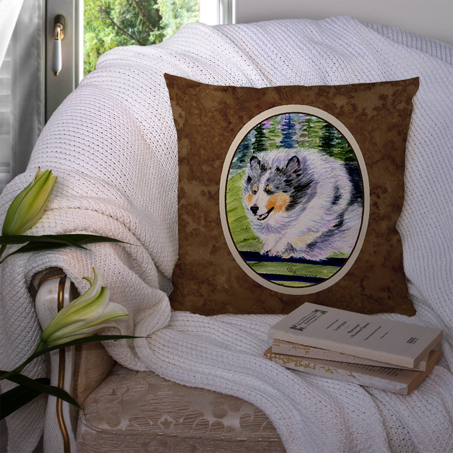 Sheltie Decorative Throw Pillow 14x14 Indoor Outdoor Accent Cushion, Fabric Cover with Insert for Sofa, Bed, Porch & Living Room