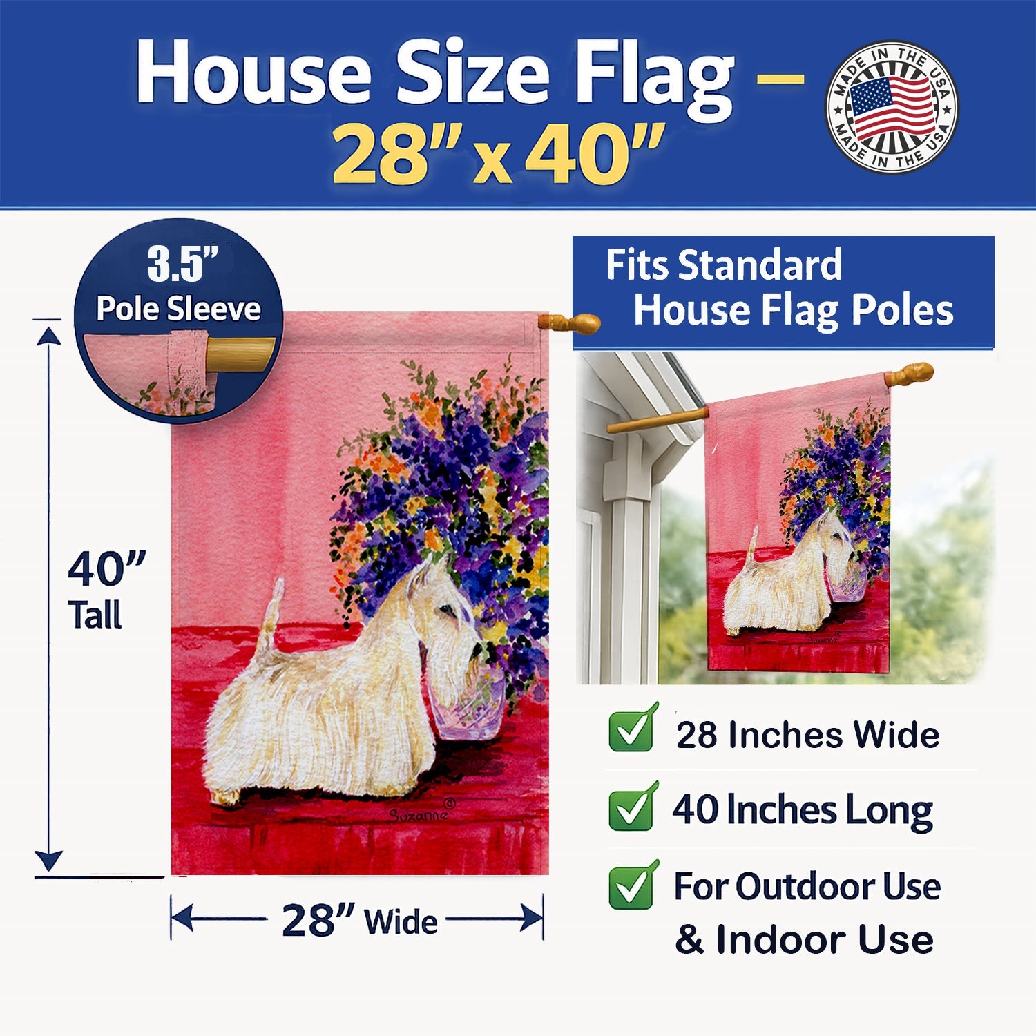Scottish Terrier House Flag 28x40 Porch Sleeve Pole Decorative Outside Yard Banner Artwork Wall Hanging, Polyester