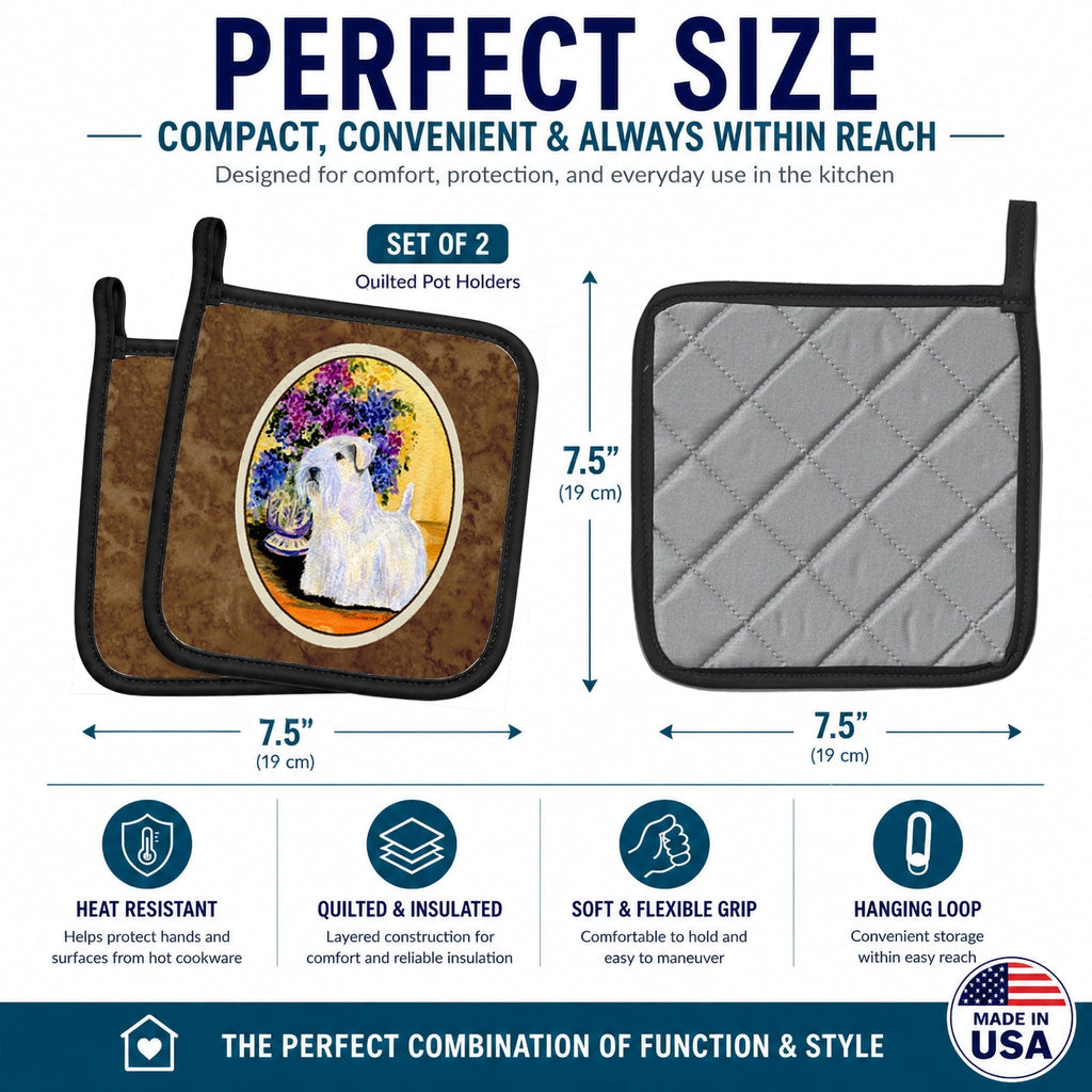 Sealyham Terrier Pot Holder Set of 2 Heat Resistant Quilted Hot Pads 7.5 x 7.5 Inch, Insulated Kitchen Trivets for Cooking & Baking