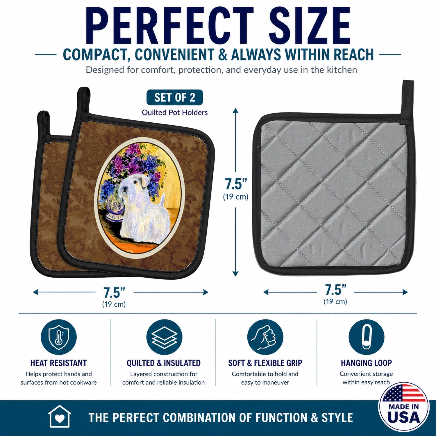 Sealyham Terrier Pot Holder Set of 2 Heat Resistant Quilted Hot Pads 7.5 x 7.5 Inch, Insulated Kitchen Trivets for Cooking & Baking